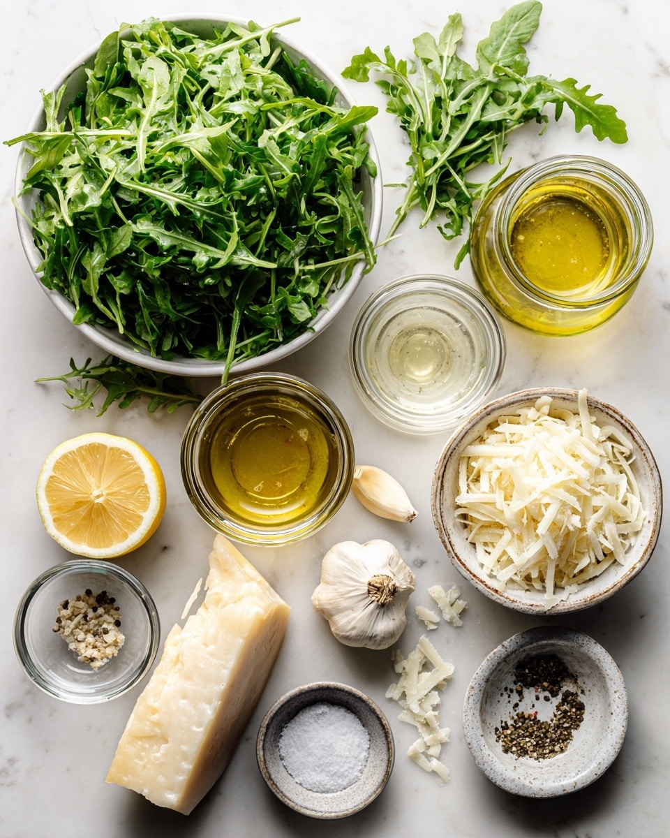 A white plate holds a fresh green arugula salad as the base layer, with bright, leafy textures covering the entire plate. On top of the greens, scattered thin, white shavings of cheese with a slightly rough surface lay across the center. A woman's hand is pouring a light yellow dressing from a small glass jar over the cheese, adding a glossy shine and a few droplets onto the salad. The plate sits on a white marbled surface, creating a clean, bright background that highlights the colors of the salad. photo taken with an iphone --ar 4:5 --v 7