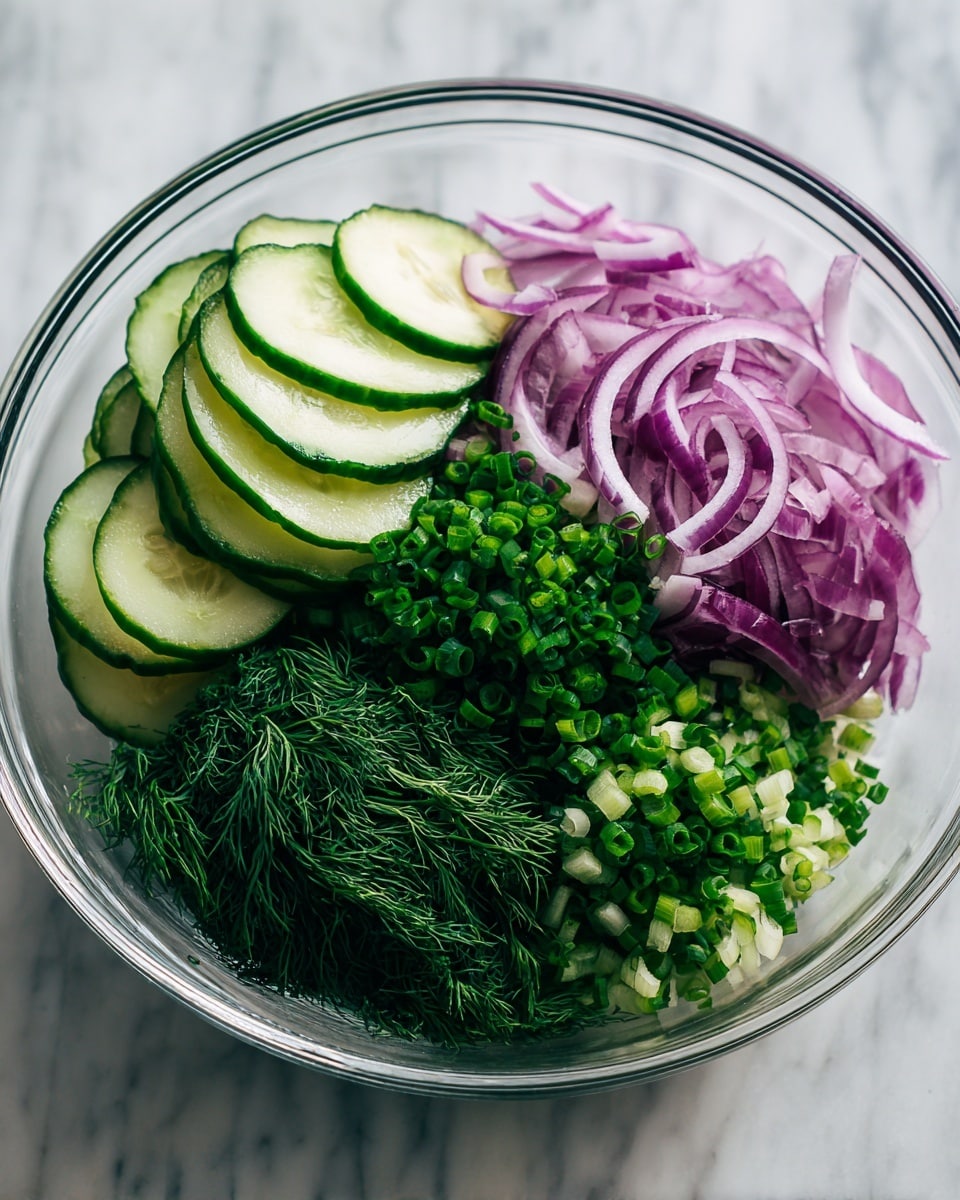 A clear glass bowl shows a fresh salad with four distinct layers: on the left, thin green cucumber slices with a light texture and darker green edges stacked neatly; on the upper right, thin rings of purple-red onion with a slightly translucent look; below them, a pile of small chopped green onions with white ends scattered through; and in the center, a heap of fine, feathery dark green dill herb. The bowl sits on a white marbled surface. photo taken with an iphone --ar 4:5 --v 7