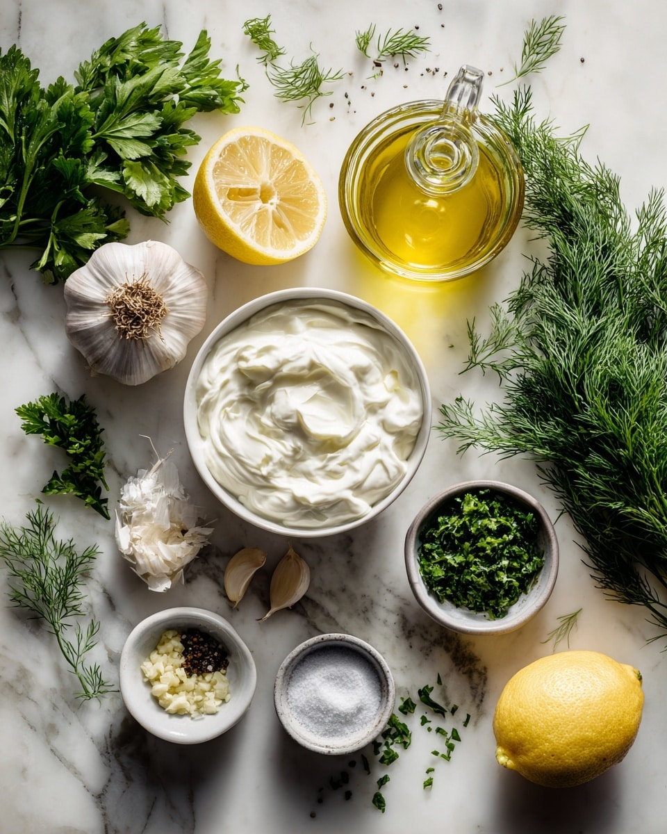 The image shows a clear glass bowl on a white marbled surface with several fresh ingredients layered inside. The bowl contains a base layer of white creamy yogurt, topped with bright green chopped parsley on the lower left side and green fresh dill on the upper left side. In the center is a small pile of finely minced garlic, while to the right of it are coarse black pepper and a small amount of white salt. Golden olive oil drops surround the ingredients, pooling mostly on the right side. Next to the bowl is a vintage silver spoon, a small white bowl with more dill, a wooden bowl with coarse black pepper and salt, and half a fresh lemon at the bottom left corner. Photo taken with an iphone --ar 4:5 --v 7