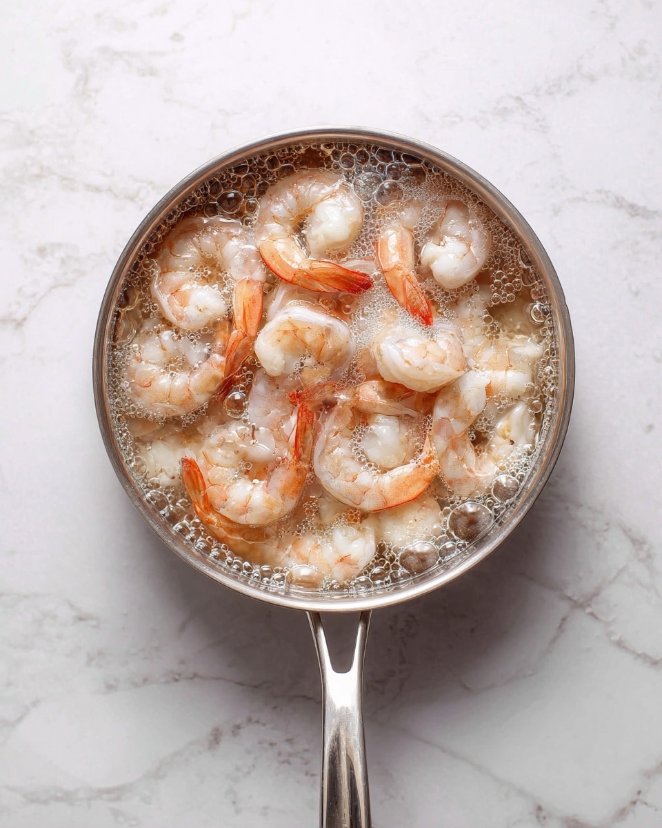 A close-up top view of a stainless steel pot filled with many shrimp in light pink and white colors. The shrimp are partially submerged in clear water with small bubbles floating on the surface. The pot is placed on a white marbled texture surface, and the handle extends toward the bottom right of the image. photo taken with an iphone --ar 4:5 --v 7