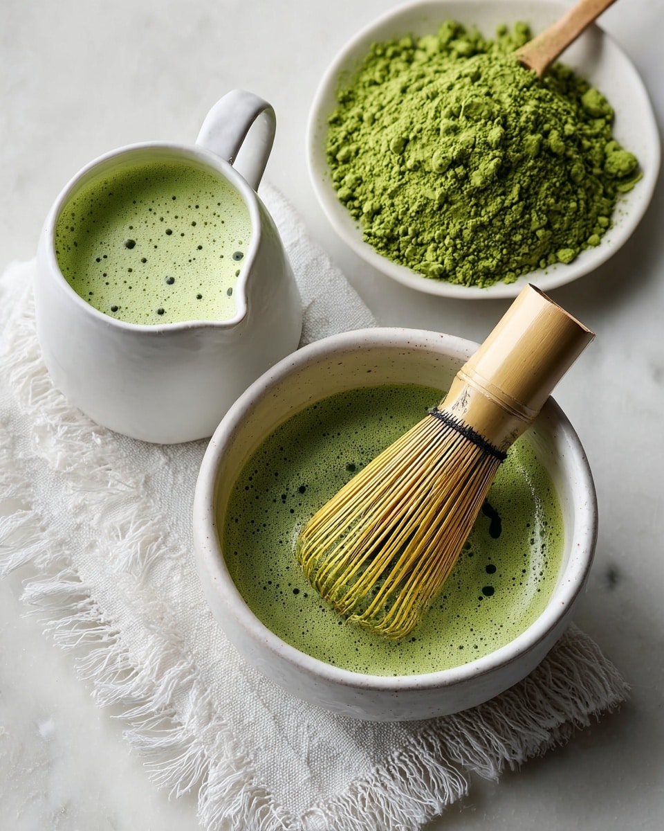 The image shows a white bowl filled with frothy bright green matcha tea with a bamboo whisk resting inside it, the whisk having fine yellowish-brown tines and a smooth handle. Above the bowl is a smaller white dish that contains a loose pile of vibrant green matcha powder with a bamboo scoop resting on top, its light color standing out against the powder. Below the bowl is a white ceramic pitcher with a handle, filled with milk or cream with small specks visible on the surface. All items are placed on a white marbled textured surface with a white cloth with frayed edges in the background. photo taken with an iphone --ar 4:5 --v 7