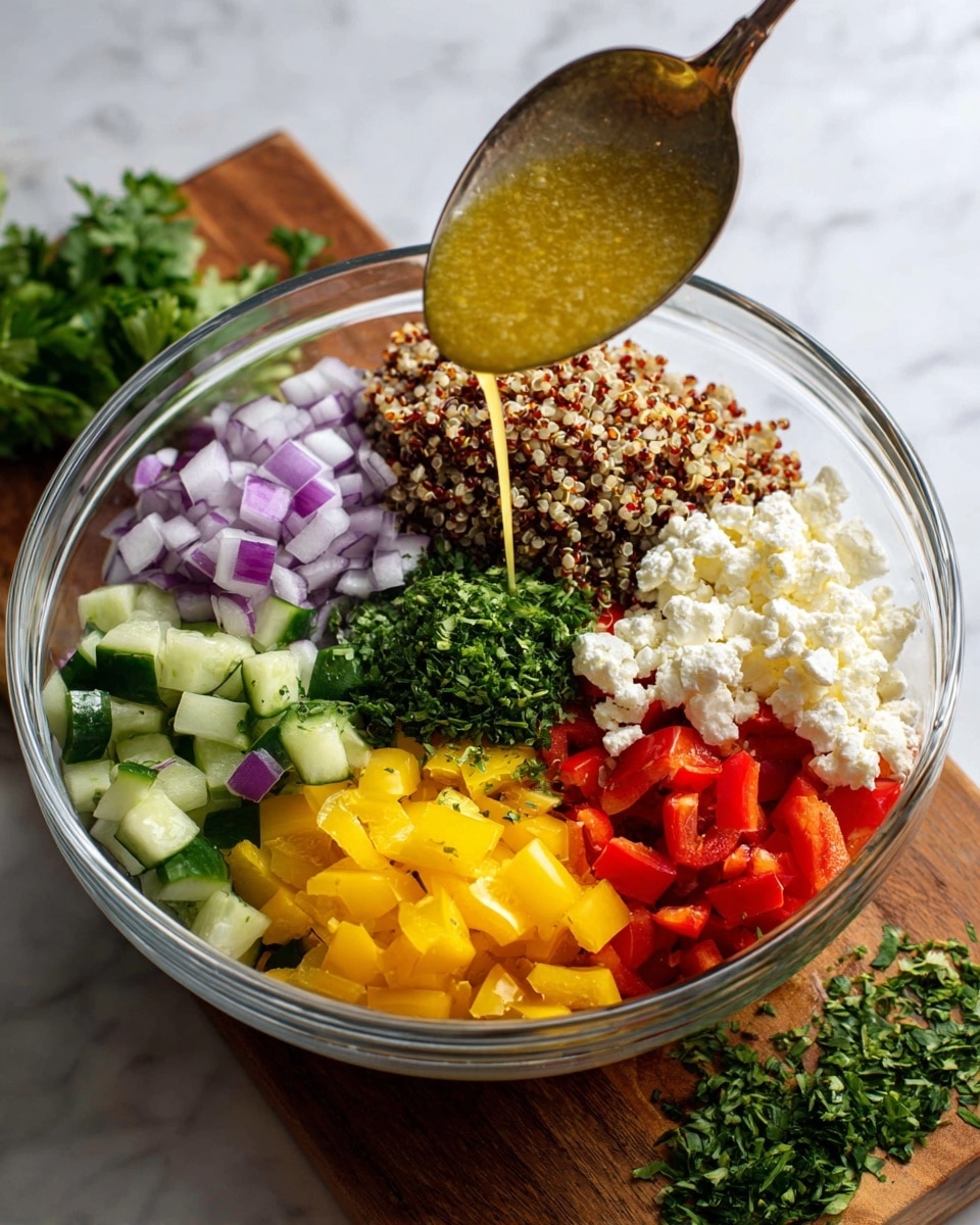 A clear glass bowl contains seven distinct layers of ingredients arranged side by side: diced green cucumber on the far left, next to finely chopped purple onions, cooked red and white quinoa in the center top, fresh chopped green herbs just below the quinoa, crumbled white feta cheese on the top right, bright yellow diced bell peppers beneath the feta, and diced red bell peppers to the bottom left with some green capers in the middle. A silver spoon holds a warm yellow vinaigrette dressing being poured into the bowl from the right. The bowl is set on a white marbled surface, with some fresh green parsley and a wooden cutting board with chopped herbs in the foreground photo taken with an iphone --ar 4:5 --v 7