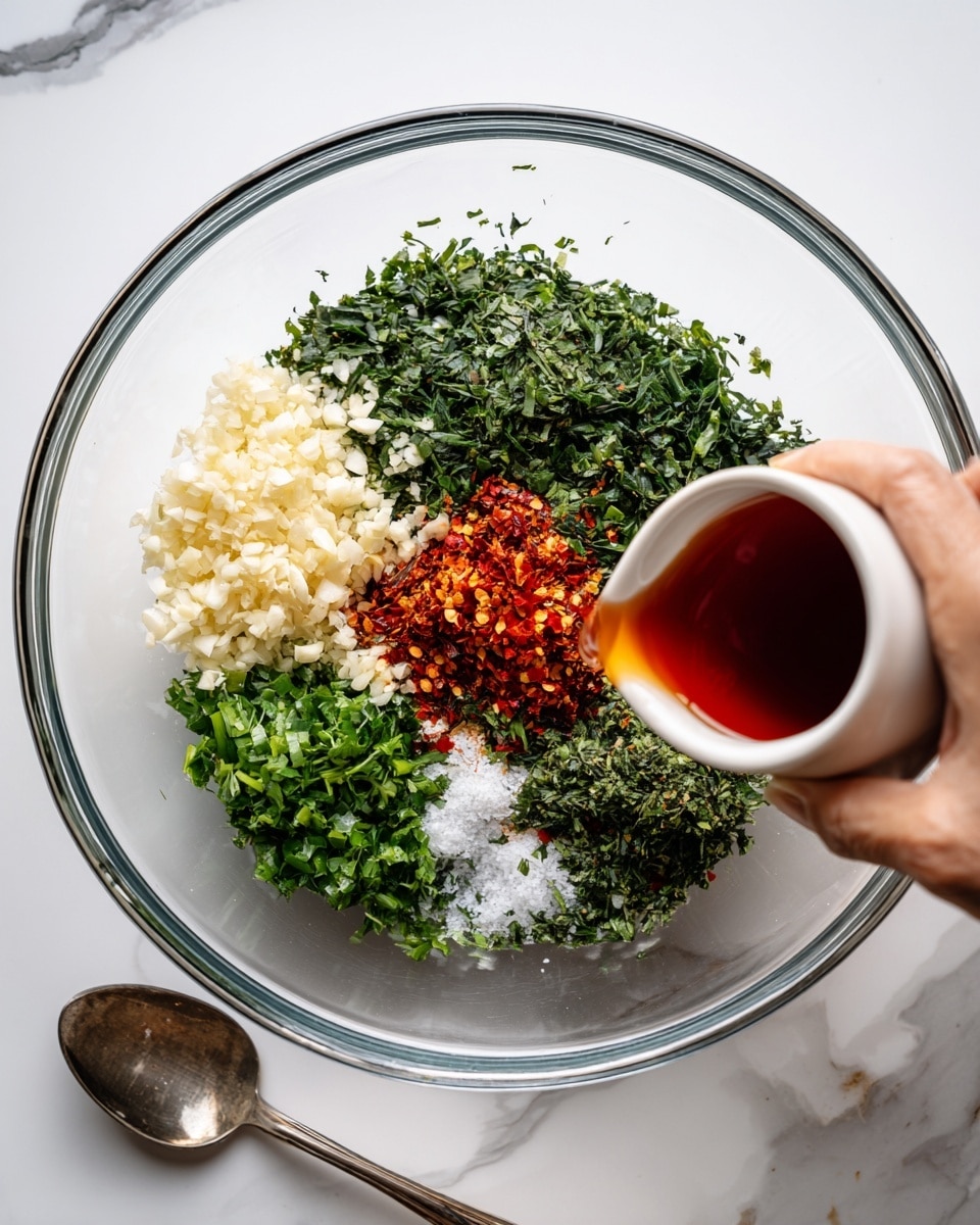 In a clear glass bowl on a white marbled surface, there are five main layers of ingredients arranged separately: finely chopped dark green herbs covering most of the bottom and sides, a smaller pile of finely chopped light green herbs on the side, a heap of minced white garlic toward the left, a small mound of red chili flakes near the center, and a sprinkle of white salt just below the chili flakes. On the right edge of the bowl, a woman's hand is holding a small white cup pouring a reddish liquid into the bowl. A silver spoon lies nearby on the white marbled surface. photo taken with an iphone --ar 4:5 --v 7