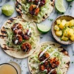 Sheet Pan Jalapeño Pineapple Shrimp Tacos with Cilantro Garlic Sauce Recipe