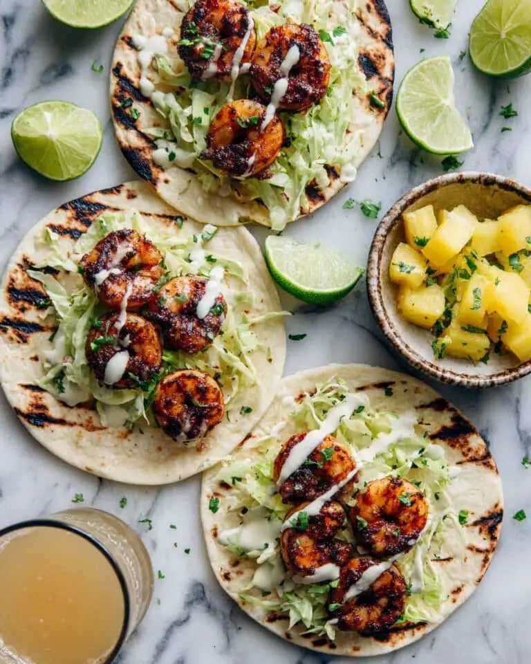 Sheet Pan Jalapeño Pineapple Shrimp Tacos with Cilantro Garlic Sauce Recipe