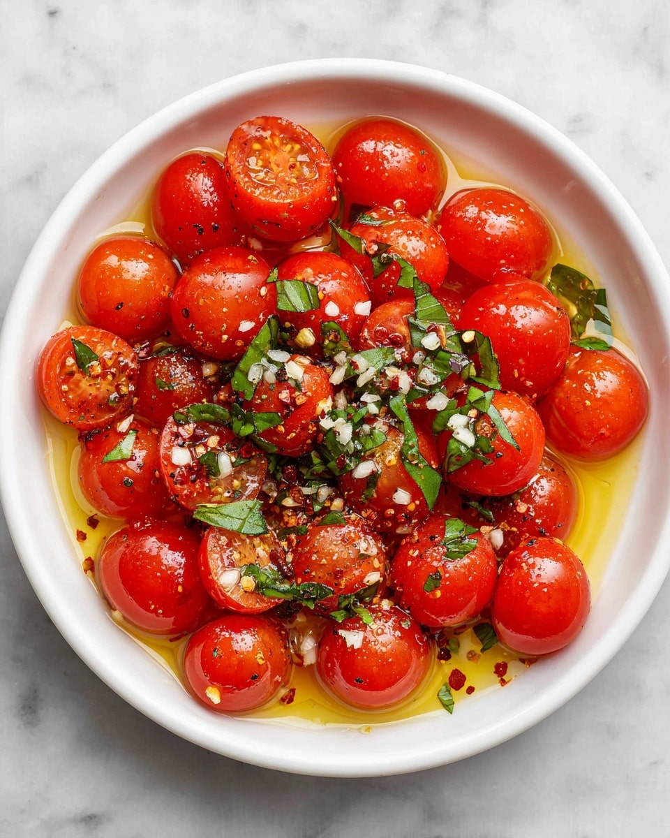 The image shows many bright red grape tomatoes scattered in a white dish, covered with a layer of golden olive oil. On top of the tomatoes, there is a mix of chopped fresh green basil leaves, small white pieces of minced garlic, and a sprinkle of black pepper and red chili flakes. The tomatoes have a shiny, smooth texture and are whole, reflecting the light. The white dish sits on a white marbled surface. photo taken with an iphone --ar 4:5 --v 7