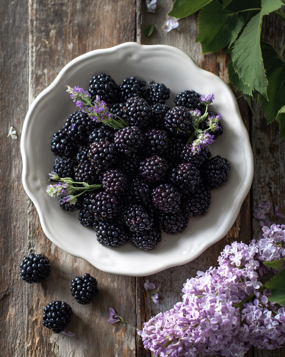 A white ceramic dish with wavy edges holds a pile of shiny blackberries, deep black with a slight shine, arranged mostly in the center. On top of the blackberries, there are small sprigs of lavender with light purple buds and green stems. Around the dish, a few more blackberries are scattered on a rustic wooden surface. To the right side of the dish, there is a cluster of light purple lilac flowers with green leaves, adding soft color and texture to the scene. The photo has natural light coming from the left and captures the details clearly. Photo taken with an iphone --ar 4:5 --v 7