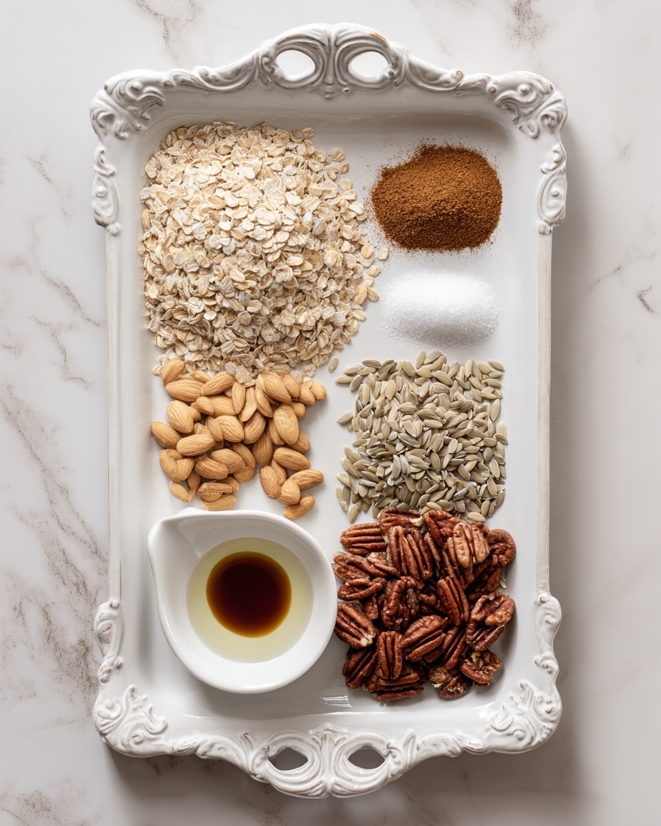 A white rectangular dish with ornate edges holds several ingredients neatly separated into sections on a white marbled surface. The top left corner is filled with light beige rolled oats, with two small piles of cinnamon and nutmeg powder on top. Below the oats and to the right, there is a small pile of light brown sliced almonds, next to darker brown chopped pecans. To the right of the oats is a section of pale sunflower seeds. At the bottom left corner of the dish, a small white bowl contains dark brown maple syrup and a dollop of white coconut oil. The setup is clean and organized, showing the ingredients clearly for a recipe. Photo taken with an iphone --ar 4:5 --v 7