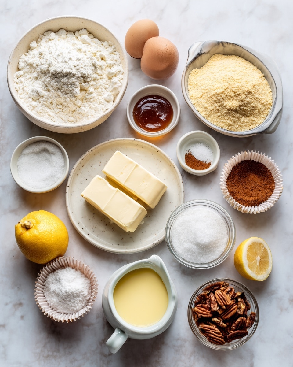 The image shows a step-by-step process of making mini cheesecakes with pecan topping in four sections. The top left part has a white bowl filled with a thick, golden-brown pecan sauce with whole pecans scattered throughout in a syrup. The top right part shows a clear glass bowl with a smooth, creamy white batter swirled inside it, set on a white marbled surface. The bottom left part shows a muffin pan with colorful silicone cupcake liners, each filled almost to the top with a smooth, pale batter ready to bake, surrounded by a soft cloth on the same white marbled surface. The bottom right part shows finished mini cheesecakes with pale creamy tops and light brown crusts, some decorated with whole pecans and cinnamon sticks, arranged on a white marbled background with loose pecans scattered around. photo taken with an iphone --ar 4:5 --v 7
