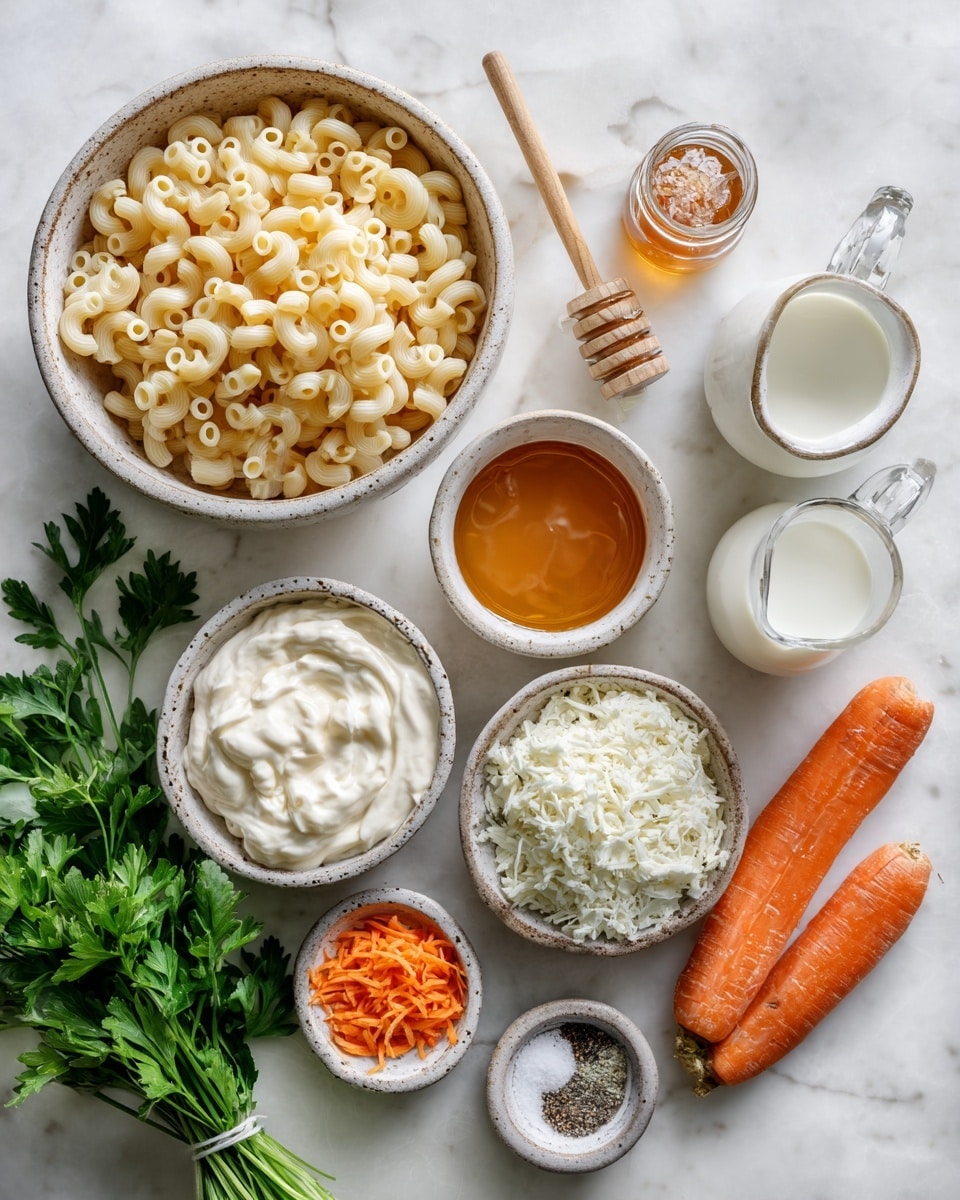 A bowl filled with a creamy macaroni salad made of small elbow-shaped pasta covered in a smooth, light off-white sauce, mixed visibly with thin orange carrot strips and small green herb bits throughout. On top, there is a small pile of bright orange carrot strips scattered in the center. The bowl is white and round, placed on a white marbled surface, and next to it is a folded white cloth with a wooden-handled fork and knife. Photo taken with an iphone --ar 4:5 --v 7