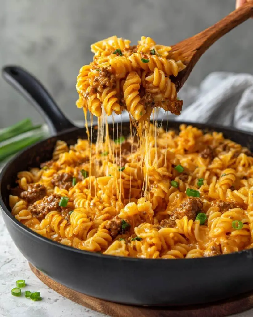 One Pan Cheesy Smoked Sausage Pasta Skillet Recipe
