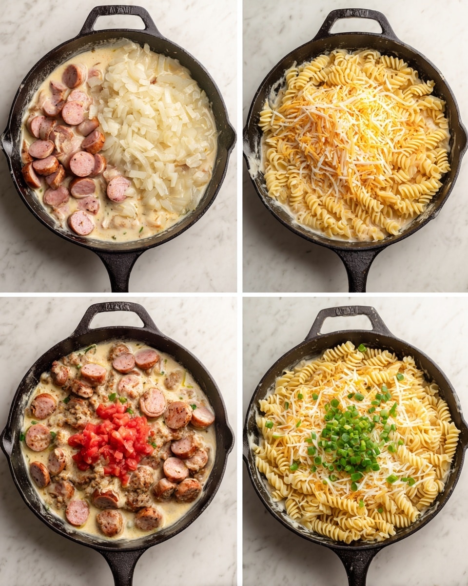 One Pan Cheesy Smoked Sausage Pasta Skillet Recipe - Recipe Image