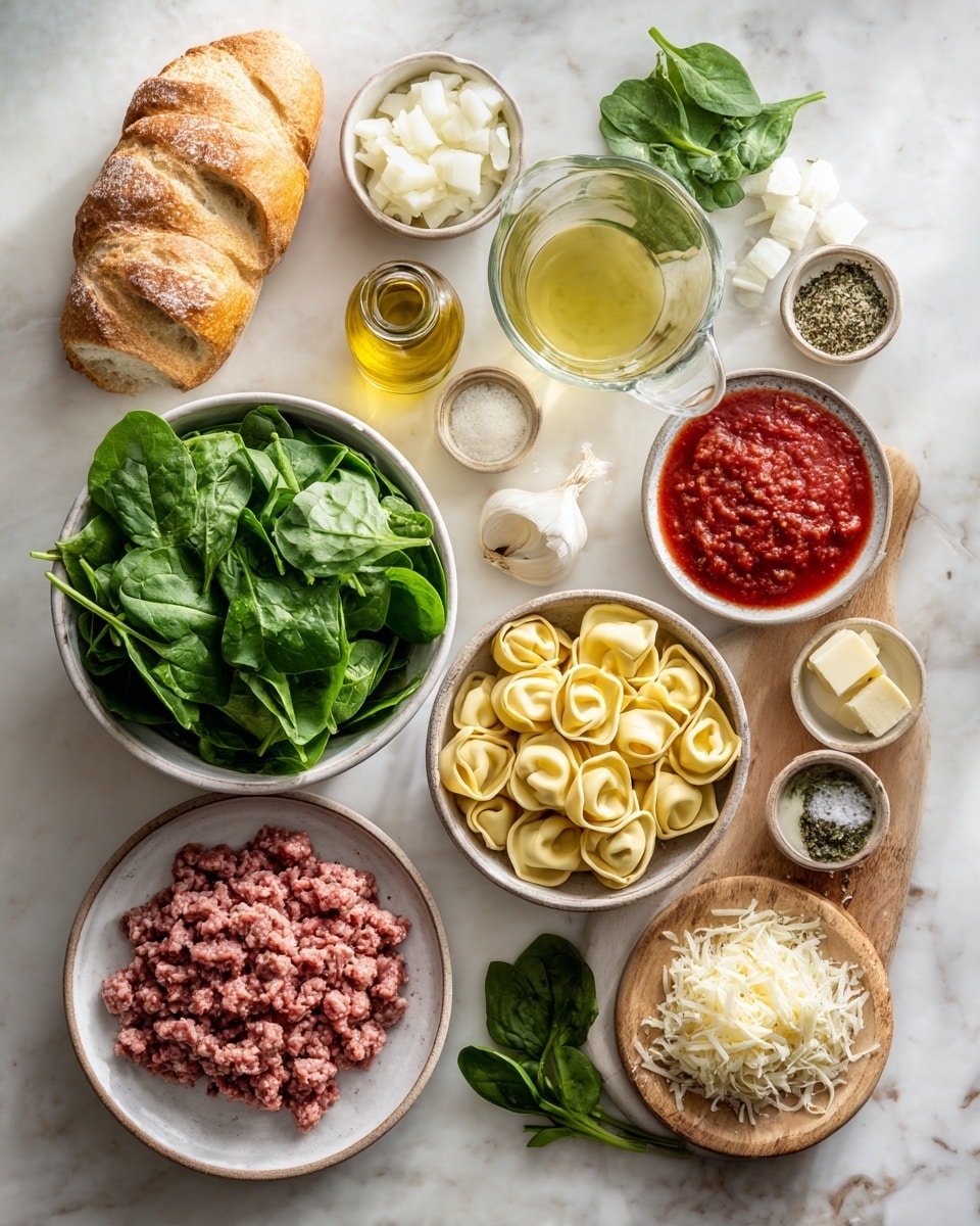 A white bowl filled with a rich red tomato soup that has small pieces of cooked sausage and spinach leaves scattered throughout. On top of the soup, there are several plump, folded tortellini pasta pieces covered lightly with grated cheese and garnished with small parsley leaves. The bowl is placed on a white marbled surface with a dark gray cloth napkin nearby. Part of a white plate with two toasted bread slices is visible to the side, showing a golden crust and a soft inside. photo taken with an iphone --ar 4:5 --v 7