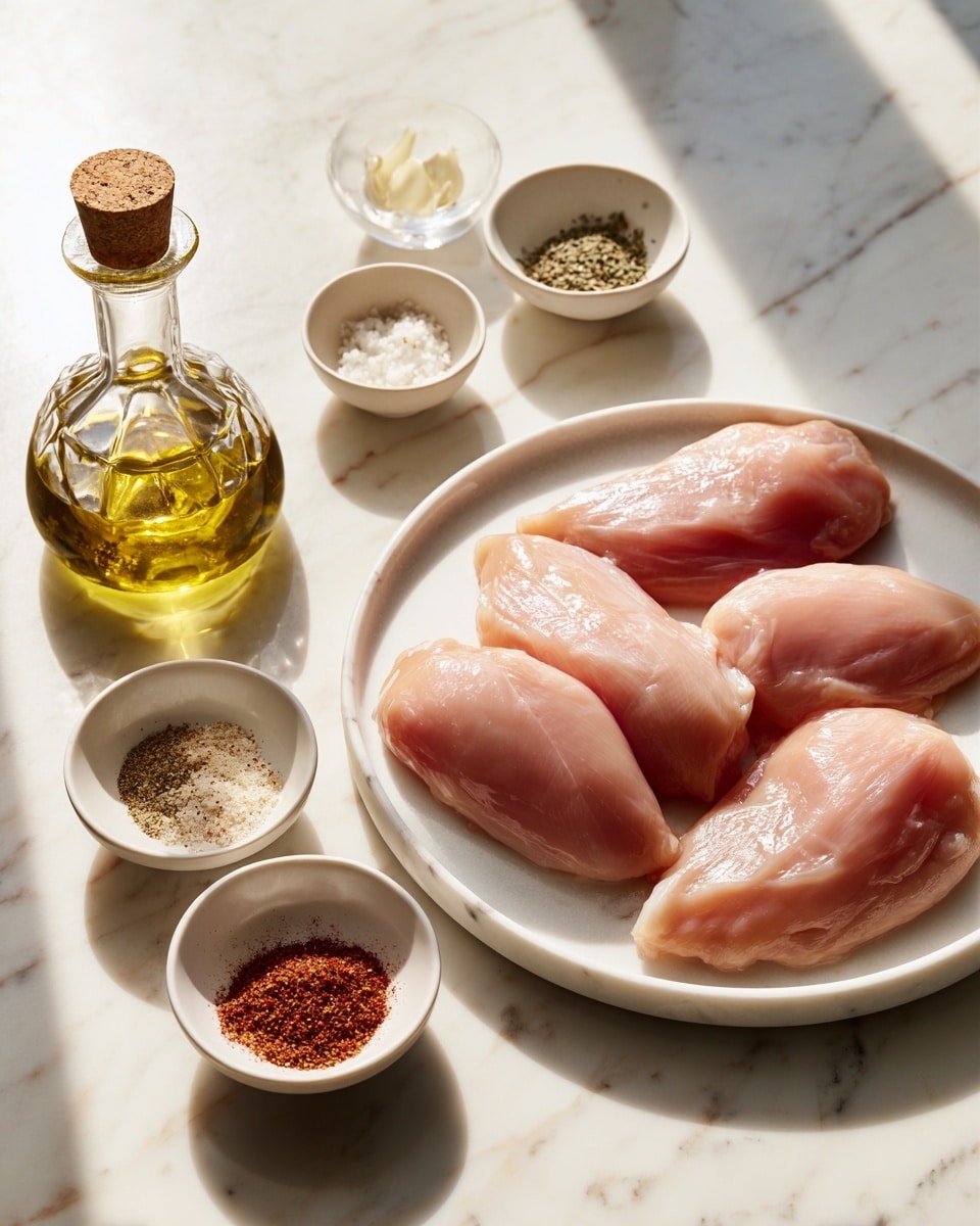 A clear rectangular glass baking dish holds four raw chicken pieces, evenly spaced in a single layer. Each piece is covered with a light coating of oil and sprinkled with a mix of black pepper and other seasonings, giving the chicken a slightly speckled, light brown and pink tone. The dish is placed on a white marbled surface, with natural light highlighting the smooth texture of the chicken and the subtle engraved floral pattern on the dish edges. photo taken with an iphone --ar 4:5 --v 7