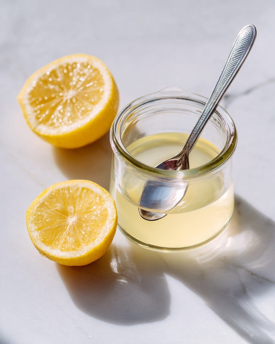 A clear glass jug sits on a white marbled surface, filled halfway with a pale yellow liquid that looks smooth and slightly thick. Inside the jug is a twisted metal spoon partly submerged in the liquid, with its flat end visible. To the left side of the jug, two halves of a bright yellow lemon rest on the white marbled surface. The whole scene is bright with natural light, creating soft reflections on the glass and spoon. Photo taken with an iphone --ar 4:5 --v 7