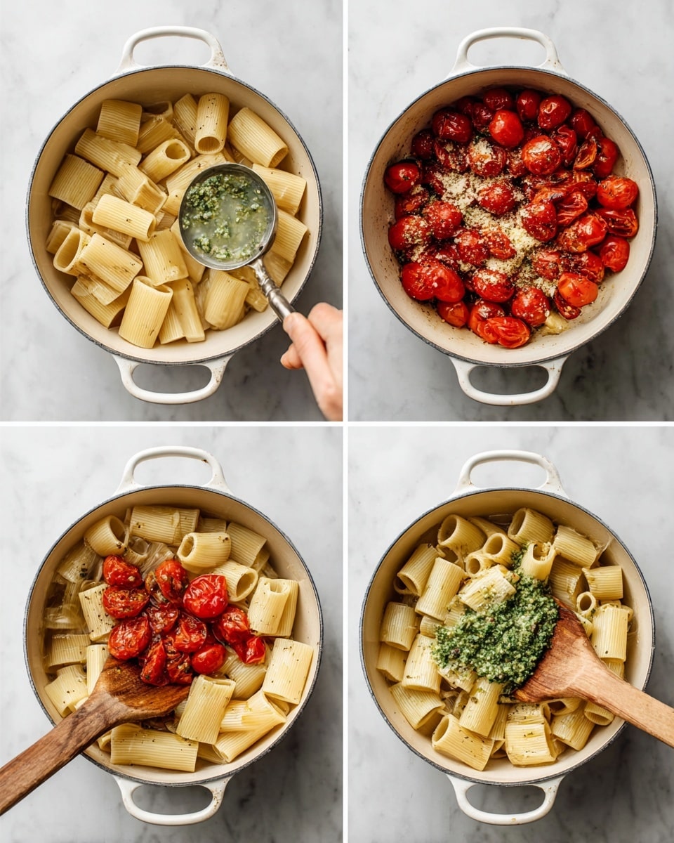 The image shows a step-by-step process of making pasta in four parts arranged in a grid on a white marbled background. The first part has a white pot filled with plain rigatoni pasta and water, with a woman's hand holding a ladle scooping some water. The second part shows a white pan filled with whole cherry tomatoes topped with minced garlic and sprinkled with red pepper flakes, black pepper, and salt, with a wooden spatula resting inside. The third part returns to the white pot of pasta now mixed with a dollop of green pesto sauce being stirred by a wooden spoon. The last part shows the white pot with rigatoni coated in pesto sauce and topped with bright red cherry tomatoes and garlic, with a wooden spoon stirring the mix. Photo taken with an iphone --ar 4:5 --v 7
