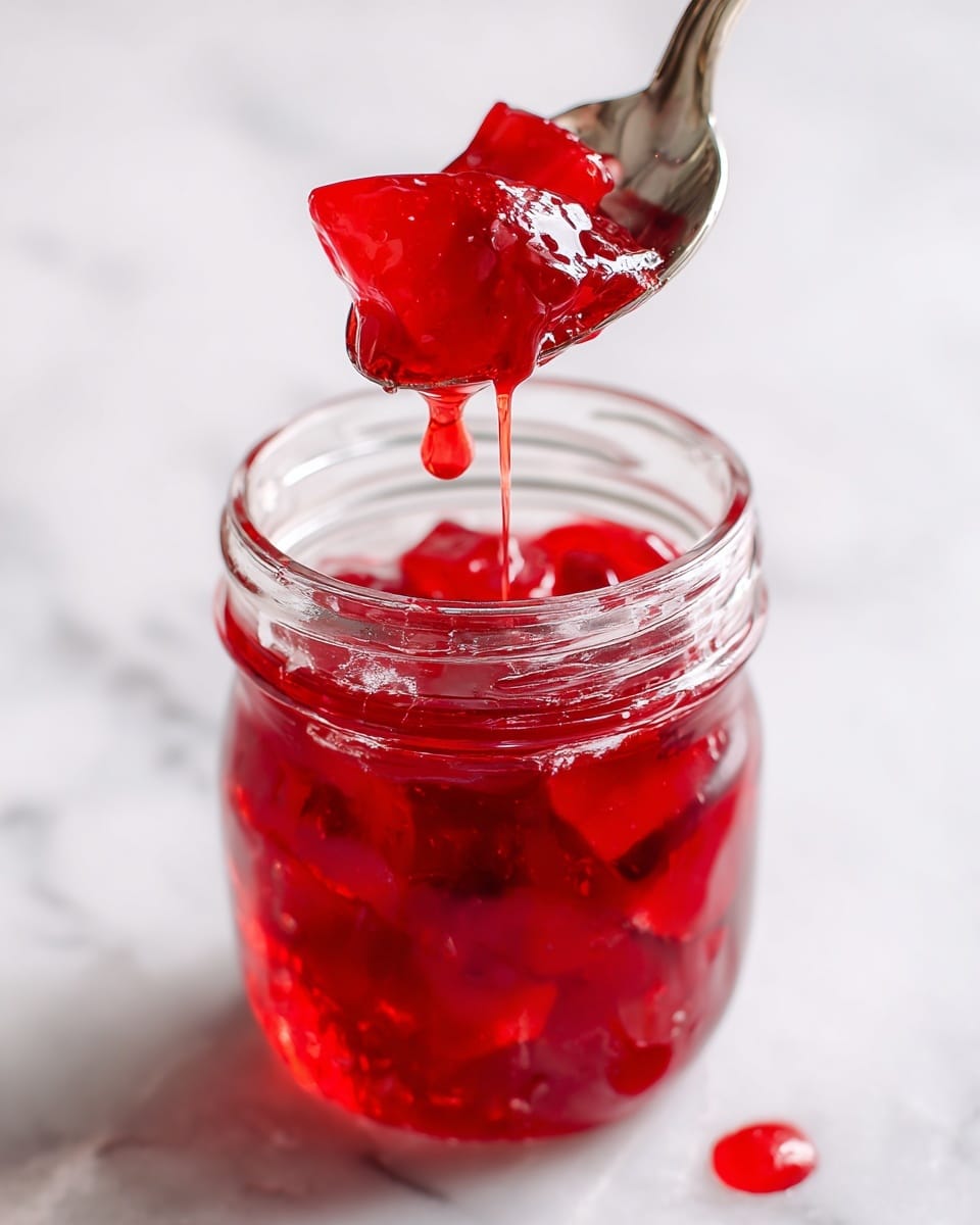 In the image, there is a clear glass jar filled with bright red, glossy syrup or jelly with visible fruit pieces inside. A silver spoon is lifting a triangular piece of the fruit, coated in the shiny red syrup. The jar is placed on a white marbled surface, and a small drop of the red syrup is dripping slightly from the jar's rim. The background is bright and clean, emphasizing the vibrant red color of the jelly. photo taken with an iphone --ar 4:5 --v 7