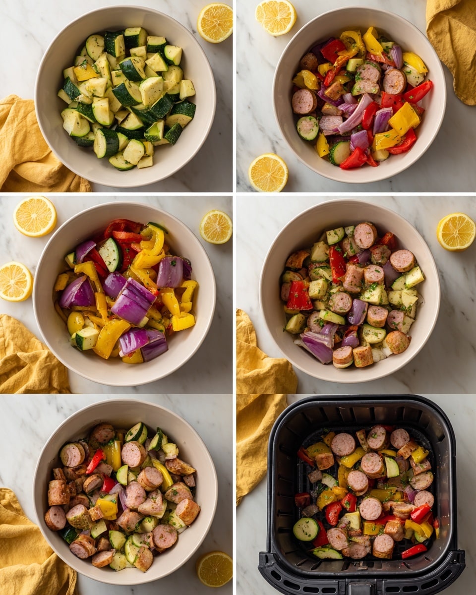 The image shows six small frames of a cooking preparation process on a white marbled surface with lemon wedges placed around. The first row has three white bowls filled with large pieces of colorful vegetables including green zucchini, yellow bell peppers, red bell peppers, and chunks of red onion. The first bowl mainly has the vegetables, the second bowl adds sliced sausages on top, and the third bowl shows a woman's hand mixing all the ingredients together, displaying a bright mix of yellow, green, red, and purple colors with the pinkish-brown sausage slices. The second row shows a square air fryer basket on the same surface, progressively filled with the mixed vegetables and sausage pieces, with bright, fresh colors visible. In the last frame, the mixture is evenly spread and cooked, showing a slightly darker and more mixed texture with some browning on the sausages and vegetables. A yellow cloth is seen under some items, adding warmth to the setup. photo taken with an iphone --ar 4:5 --v 7