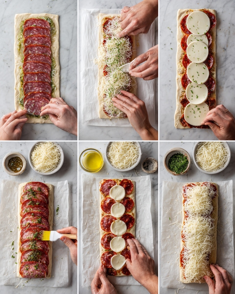 The image shows nine steps to make a rolled meat and cheese dish on a white marbled surface. The first row shows a rectangle layer of dough with thin red and white salami slices stacked overlapping and some green herbs scattered on top. Next to it, a woman’s hand places round white cheese slices over a layer of red pepperoni on dough. The third frame shows a woman’s hand adding white cheese slices over a spread of salami and herbs on dough. The second row starts with a woman’s hand spreading shredded cheese over layers of pepperoni and dough. Then, a pastry brush with yellow egg wash is used to coat a top layer of red and white salami circles on dough. The last frame shows the edges of dough folded over the filled center of salami and cheese. The last row pictures a woman’s hands rolling the dough into a log shape, then the log on white parchment paper with slits on top and sprinkled cheese, and finally a golden-brown baked log with round slices of pepperoni visible through slits, a brush next to it, and small bowls of salt and oil on the side photo taken with an iphone --ar 4:5 --v 7