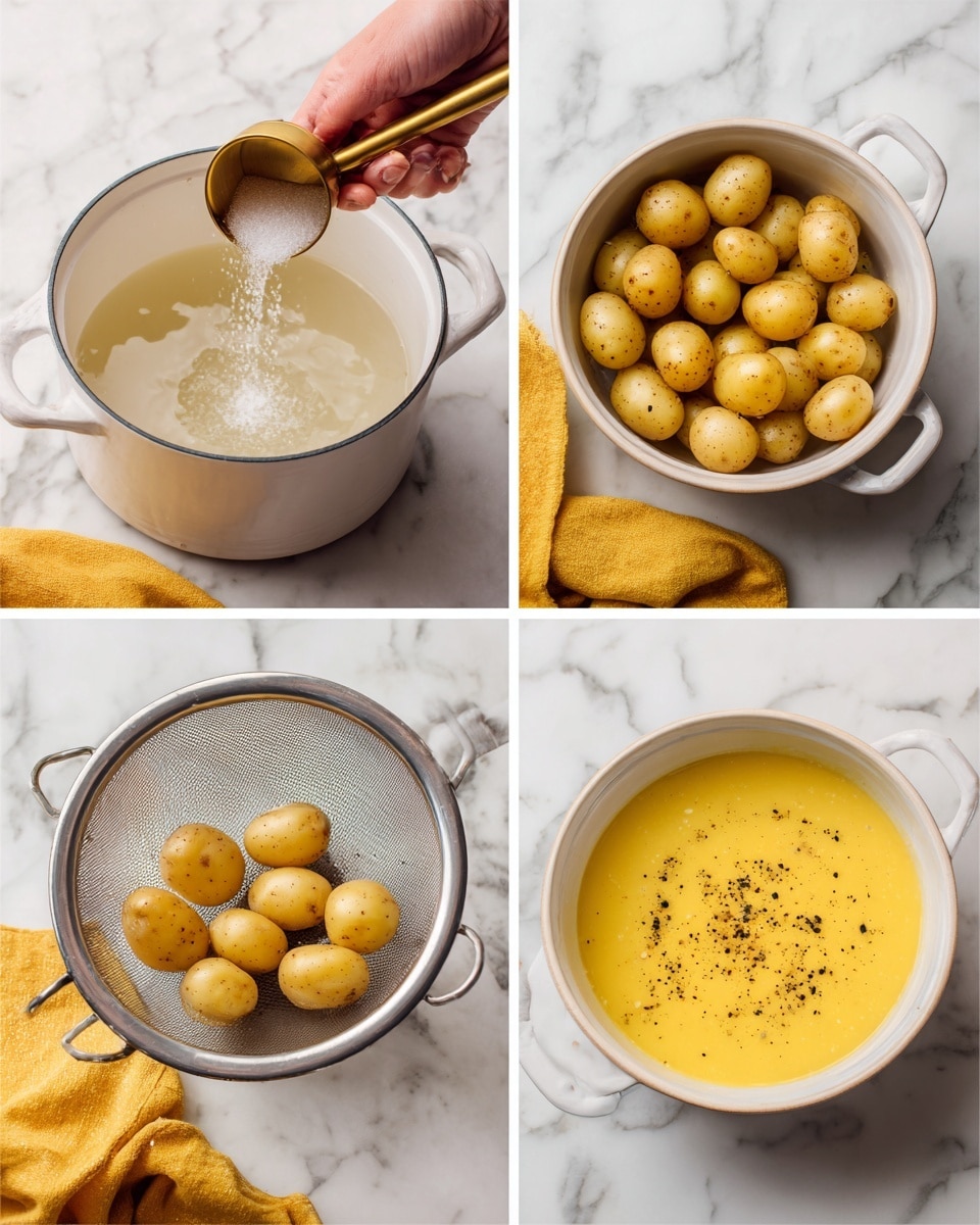 A four-part image showing the process of cooking small round potatoes. The first panel shows a white pot filled with water, with a woman's hand holding a golden measuring cup pouring salt into the water over a white marbled surface. The second panel displays the white pot filled with small yellow potatoes being boiled in water, some potatoes still held by a woman's hand over the pot. The third panel shows the potatoes drained and placed in a silver colander over the white marbled surface, with a yellow cloth nearby. The fourth panel displays the white pot again, now containing a thick yellow liquid with some black pepper sprinkled on top, set on the white marbled surface with the yellow cloth beside it. Photo taken with an iphone --ar 4:5 --v 7