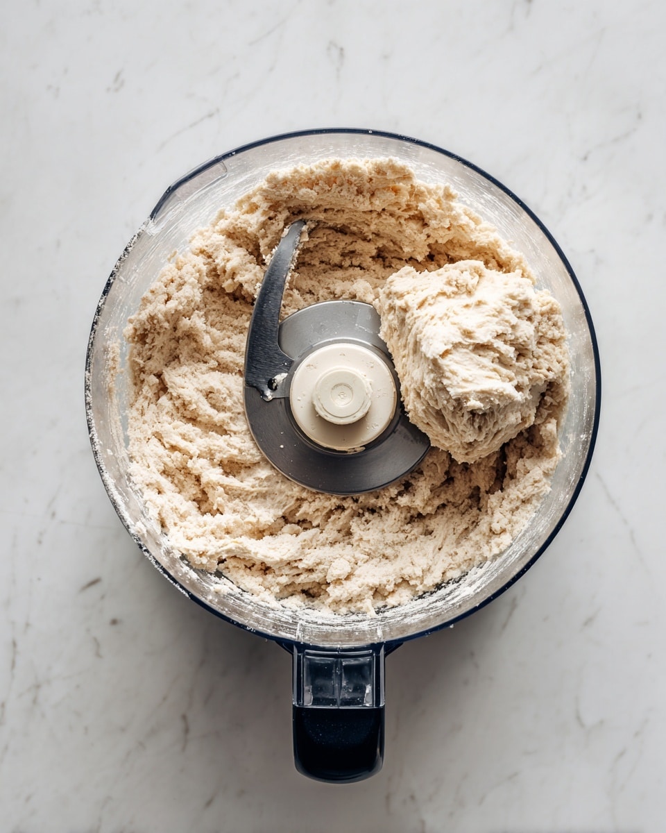 A clear food processor bowl sitting on a white marbled surface holds a ball of raw dough inside it. The dough is light beige in color with a slightly rough texture, clumping around the central blade of the processor that is silver and sharp. The ball of dough is positioned on the right side of the bowl, leaving most of the left side empty, with bits of dough stuck near the edges. The processor bowl has a black handle at the bottom, and its transparent walls reflect the white marbled background. photo taken with an iphone --ar 4:5 --v 7