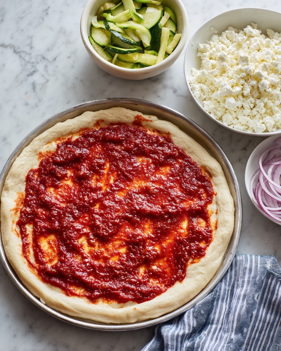 The image shows a pizza crust on a round metal tray, placed on a white marbled surface. The pizza has two layers: a base layer of pale dough with a slightly uneven edge and a thick, chunky red tomato sauce spread over the top, covering most of the dough but leaving a visible crust around the edge. Next to the tray, there is a white bowl filled with white crumbly cheese and a white bowl with sliced green zucchini and thin red onion slices. A blue and white striped cloth is partly visible on the lower right side. Photo taken with an iphone --ar 4:5 --v 7
