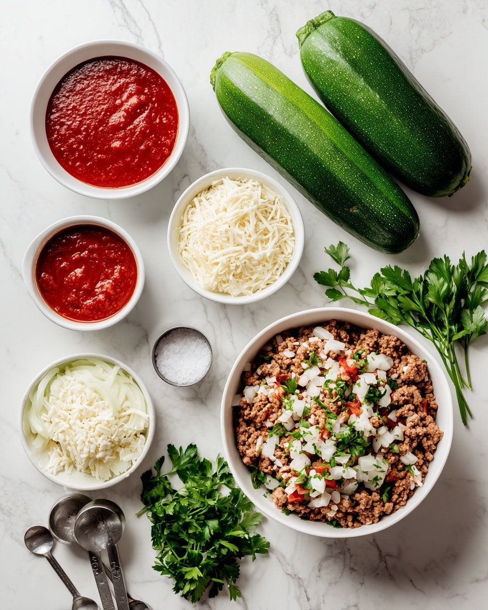 The image shows three long zucchini halves hollowed out and filled with a mixture of cooked rice and ground meat that has a light brown color and a grainy texture. On top of this filling, bright red chunky tomato sauce is spread in uneven dollops along the length of each zucchini half. The zucchini skin is a dark green, while the inside is pale greenish-white, creating a fresh contrast with the filling and sauce. These stuffed zucchini boats are placed side by side on a large white plate, which rests on a white marbled surface. The overall look is colorful yet simple, with a clear focus on the layers of vegetable, meat and rice, and sauce. photo taken with an iphone --ar 4:5 --v 7
