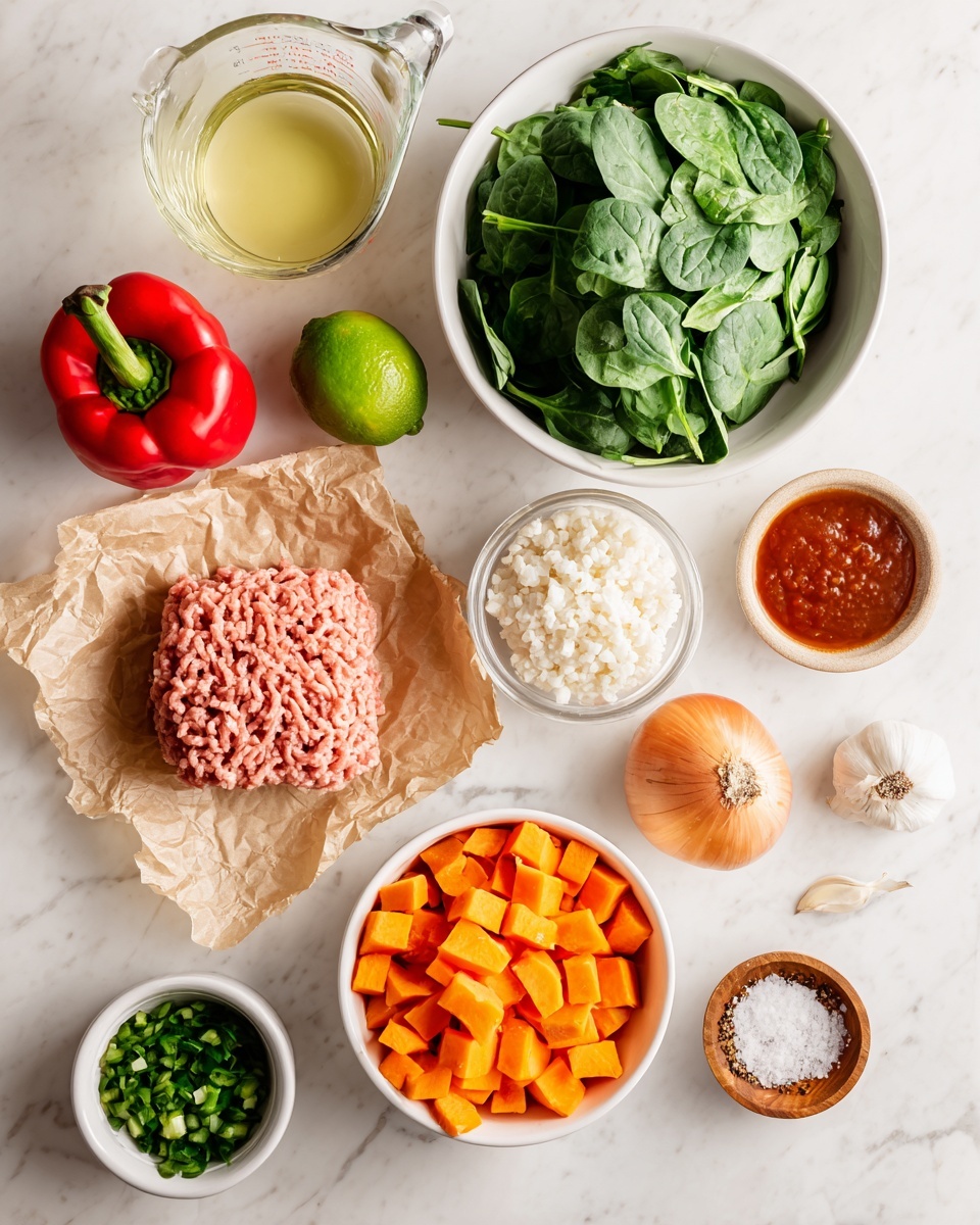 A top view of raw cooking ingredients arranged on a white marbled surface, including a square of light pink ground meat placed on crinkled brown paper in the center, a white bowl filled with bright orange diced sweet potatoes at the bottom right, a white bowl holding small white cauliflower rice pieces to the right above the sweet potatoes, a large round white bowl containing fresh dark green spinach leaves at the top center, and a shiny golden brown onion placed to the right of the spinach bowl. Additional ingredients include a whole red bell pepper to the left of the ground meat, a green lime below the pepper, a glass container of light yellow cooking oil at the top left, a glass measuring cup with pale yellow broth at the top right, a small wooden dish with coarse salt just below the ground meat, a small white bowl of green chopped pickles below the onion, a small white garlic bulb at the bottom right corner, a small round dish filled with red, brown, beige, and orange spices near the lime, and a white bowl with dark red tomato sauce towards the bottom left. All items are neatly spaced and clearly visible. Photo taken with an iphone --ar 4:5 --v 7