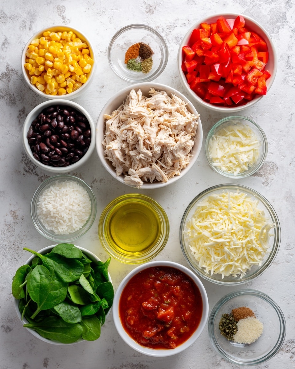 A flat lay of various cooking ingredients arranged on a white marbled surface, including a white bowl filled with chopped red bell peppers in the top right, a glass container with light shredded chicken in the center right, a bowl of black beans center top, and a white bowl with yellow corn below it; a bowl of fresh green spinach leaves is bottom left, and next to it is a bowl of chunky red tomato sauce. There are also smaller bowls with white rice, shredded cheese, crumbled white cheese, and various spices, along with a glass container of light yellow oil and a glass jar of yellow liquid. All items are spaced evenly creating a neat and organized look, photo taken with an iphone --ar 4:5 --v 7