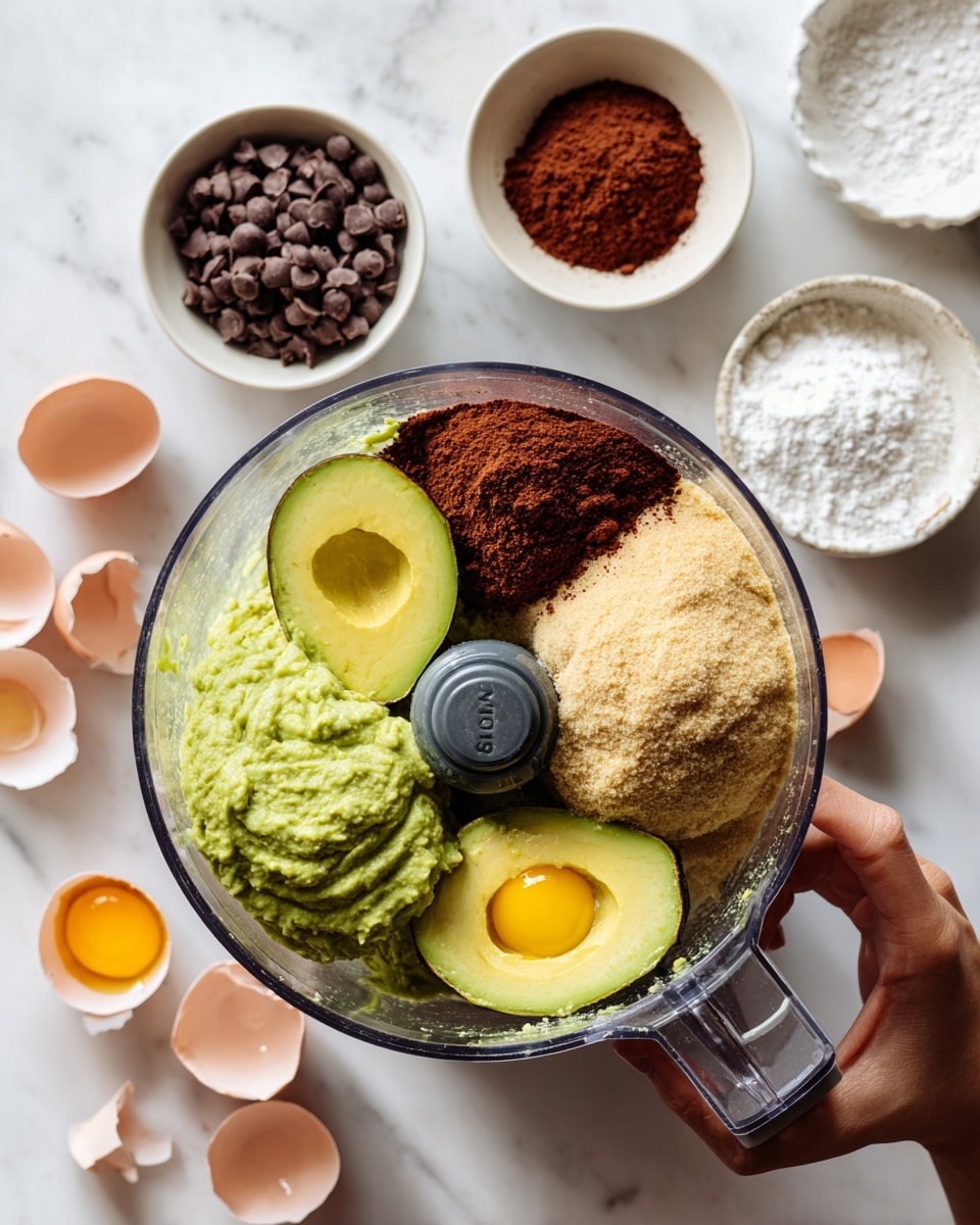 A clear glass food processor bowl held by a woman's hand on the left side and another hand gripping the handle on the right side sits on a white marbled surface. Inside the bowl, there are three main layers: halved avocado with a green creamy texture on the left, two bright yellow egg yolks near the avocado at the bottom, and a large mound of light brown sugar covering the right side. Behind the bowl, there are four small white bowls with ingredients: dark brown chocolate chips in the top center bowl, reddish brown cocoa powder in the right bowl, white flour or sugar in the top right scalloped bowl, and white salt or baking powder in the bottom right round bowl. Eggshell halves lie scattered on the white marbled surface to the left of the food processor bowl. Photo taken with an iphone --ar 4:5 --v 7