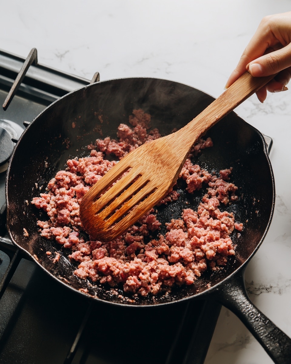 In a black cast iron pan, small pieces of ground meat are cooking with a mix of brown and pink colors as they brown unevenly. A woman's hand holds a wooden spatula with a smooth light brown finish, stirring the meat gently. The pan sits on a gas stove with black burner grates, and the background has a white marbled texture. The lighting highlights the texture of the cooking meat and the wood grain of the spatula, showing steam rising subtly. photo taken with an iphone --ar 4:5 --v 7
