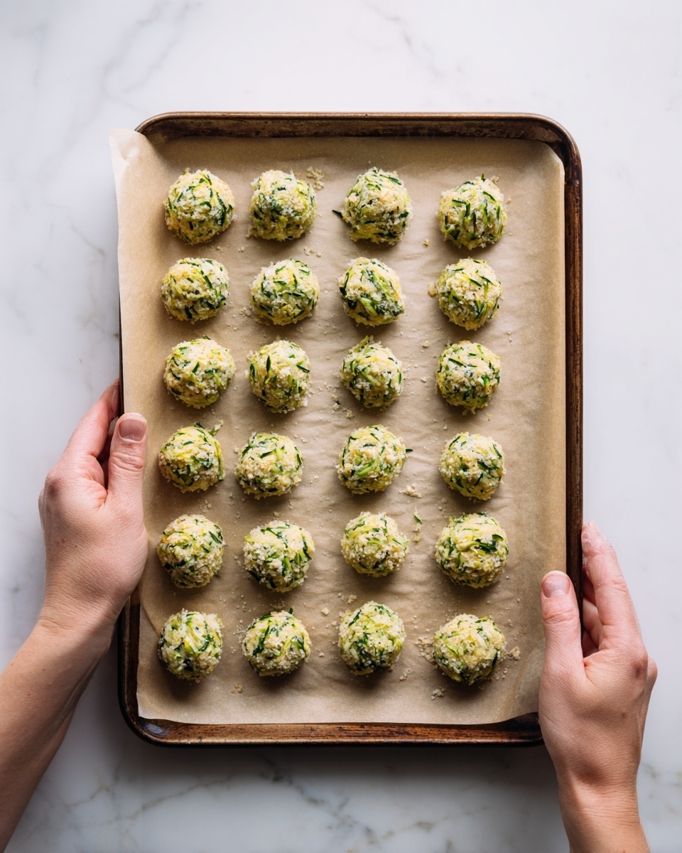 The image shows a baking tray lined with parchment paper holding 36 small, oval-shaped green and white dough pieces arranged in a 6x6 grid. The dough pieces have a rough texture with visible shreds of zucchini and a breadcrumb-like coating throughout. A woman's hand is holding each side of the tray, which is placed on a white marbled surface. The scene looks bright and clean, emphasizing the fresh vegetable mixture ready for baking. photo taken with an iphone --ar 4:5 --v 7