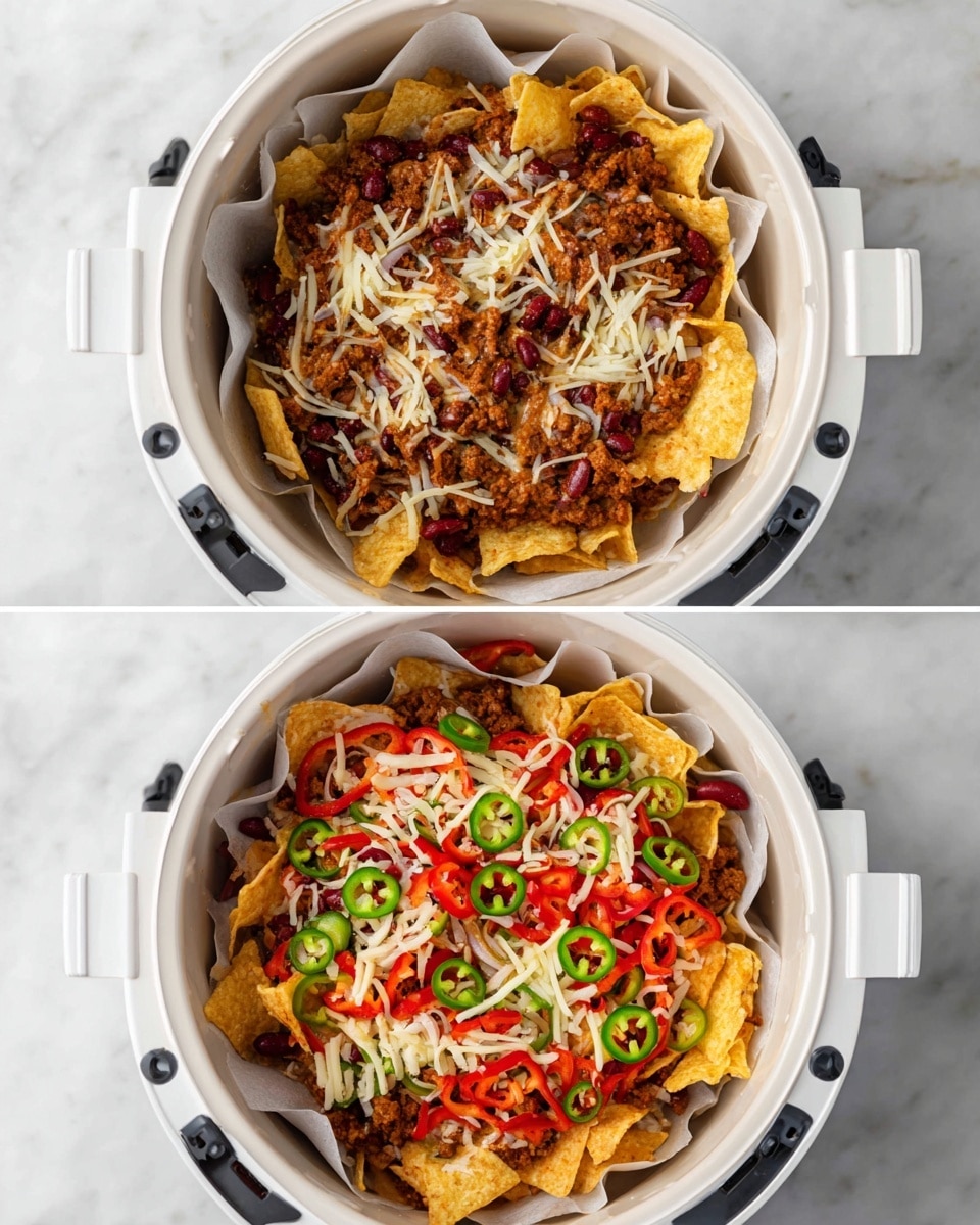 The dish is shown in two stages inside a round white air fryer basket lined with white parchment paper on a white marbled surface. In the first stage, the bottom layer is made of light golden-yellow tortilla chips mostly covered by a layer of cooked brown ground meat mixed with some red kidney beans scattered on top. In the second stage, the same base and meat layer is visible but now topped with colorful slices of green and red bell peppers, onion rings, and shredded white cheese evenly spread in a thick layer over everything. Photo taken with an iphone --ar 4:5 --v 7