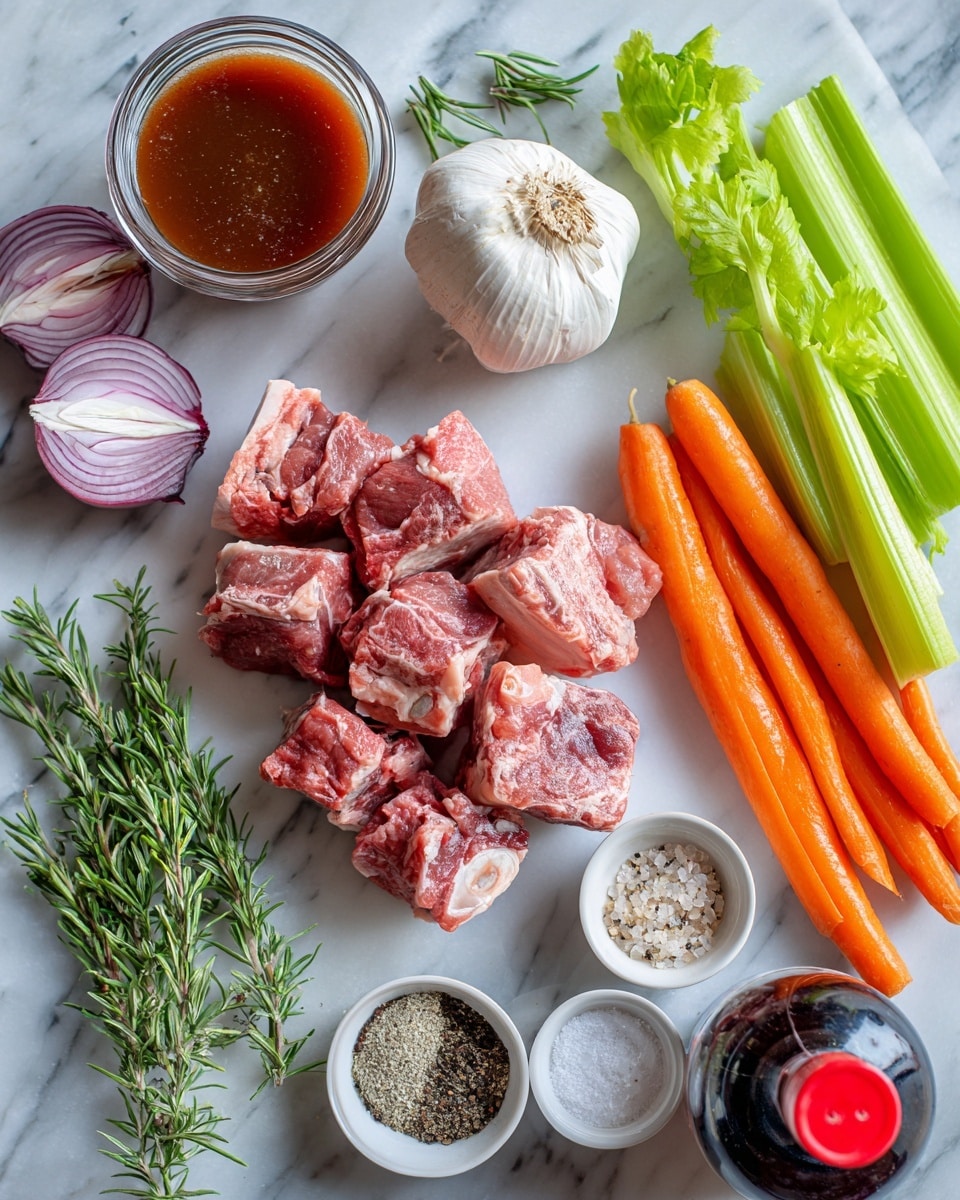 The image shows raw meat pieces with visible bone arranged on a white marbled surface near the top center, with three bright orange carrots to the right and a whole bulb of garlic just above them. Below the meat and garlic are several green celery stalks, a couple of sprigs of fresh herbs including rosemary, and two halves of a red onion on the left. There is a clear round container with dark brown sauce near the bottom left, with a jar of red sauce nearby. Small bowls contain salt and coarse black pepper, positioned near the bottom center. A dark bottle with a red cap is partially visible on the lower right side. photo taken with an iphone --ar 4:5 --v 7