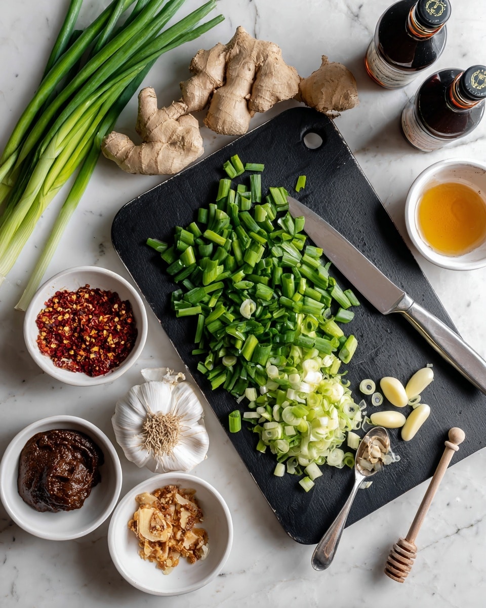 A black cutting board is placed on a white marbled surface with several small white bowls around it. On the cutting board, there is a large silver knife covered partly with chopped green spring onions, with more spring onions scattered beside it. Next to the knife, several whole garlic cloves and chopped white spring onion stalks lie in a small group. Around the cutting board are four white bowls: one with a dark brown paste and a spoon inside, another with crushed red chili flakes, one with light brown minced ginger, and one with golden honey and a honey dipper resting on top. In the upper right corner, two partially visible bottles stand on the white marbled surface. The photo is taken with an iphone --ar 4:5 --v 7