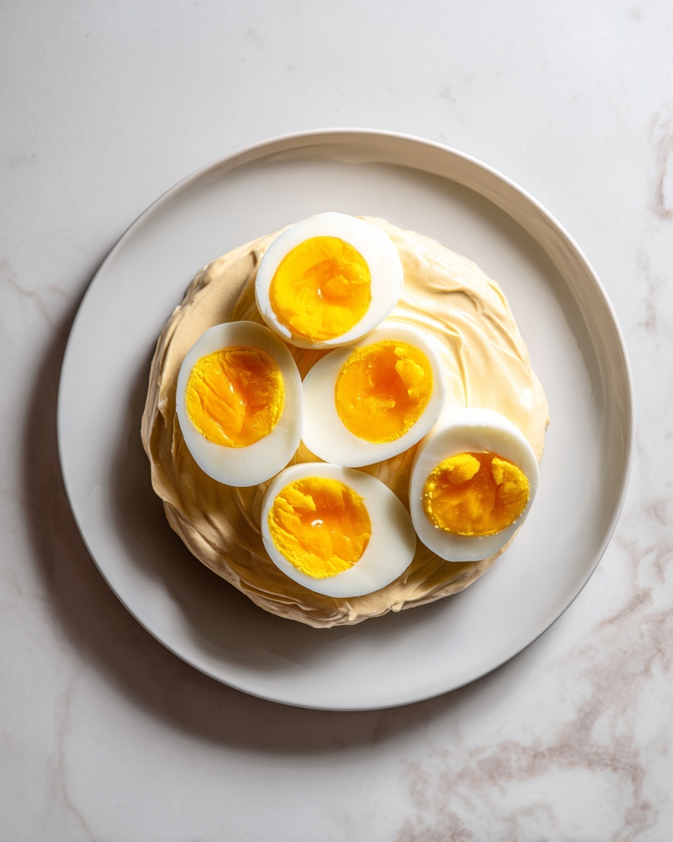 A white round plate with a thick creamy base layer of pale yellow mayo spread in a circular shape, topped with four halves of soft-boiled eggs with bright yellow yolks showing in the center, arranged in a cluster on top of the mayo. The plate rests on a white marbled surface. Photo taken with an iphone --ar 4:5 --v 7