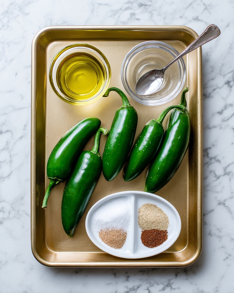 The image shows a gold baking tray placed on a white marbled surface, holding several cooking items. On the left side of the tray, there are six fresh green jalapeño peppers with smooth skin and stems intact. Above the peppers, there is a small clear glass container filled with light yellow oil. On the upper right side, a clear glass bowl contains a shiny silver spoon resting inside. Below it, on the tray, is a small white round dish divided into three sections, each holding a different spice: white salt, light brown powder, and a darker brown ground spice. Photo taken with an iphone --ar 4:5 --v 7