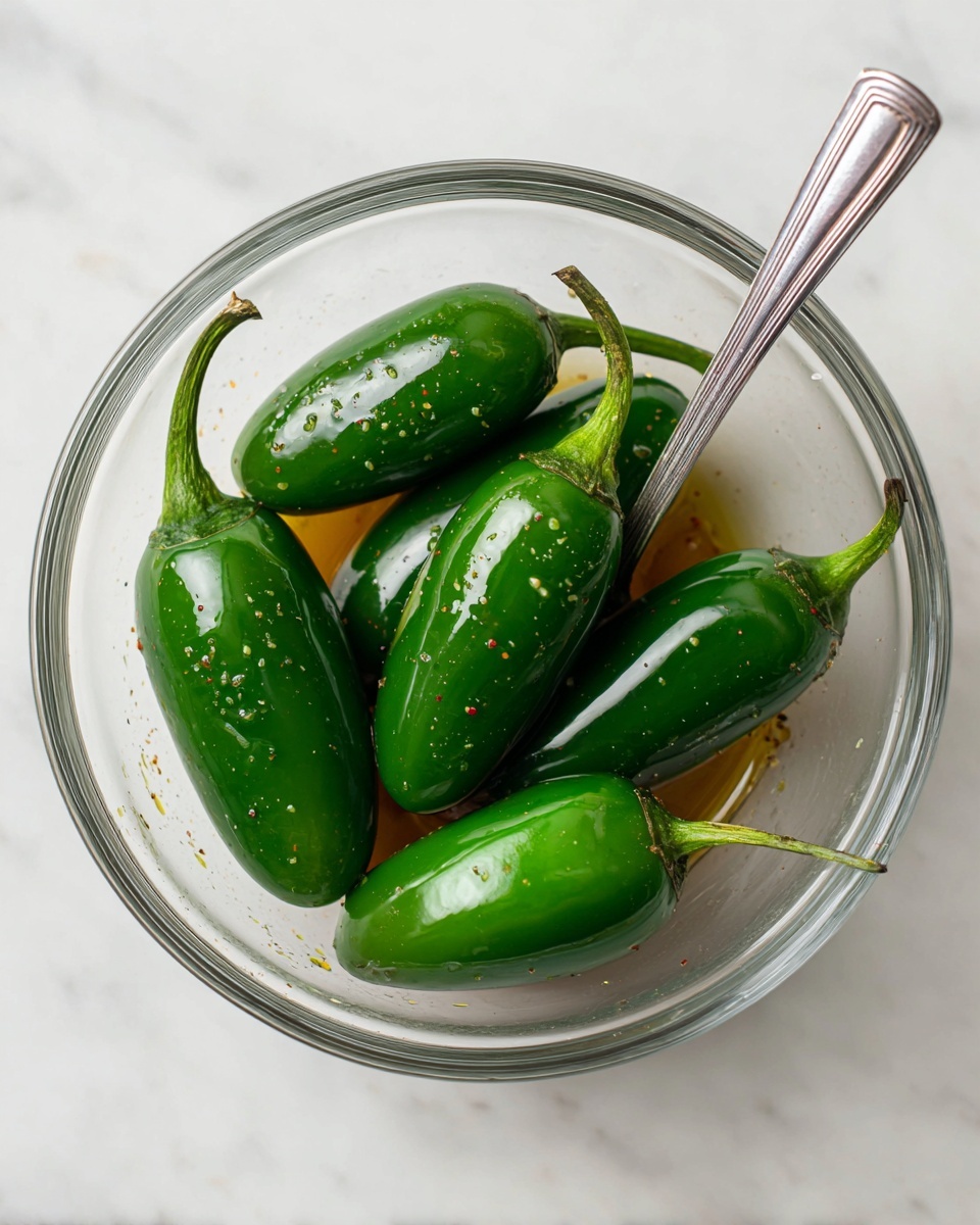 A clear glass bowl sits on a white marbled surface, containing six whole bright green jalapeños coated in a shiny layer of oil or sauce. A silver spoon rests in the bowl, partially underneath two jalapeños, with its handle extending out of the bowl to the right. The jalapeños have smooth, glossy skins and fresh-looking stems, and the bowl’s interior shows some seasoning or pepper flakes mixed with the oil, giving a slightly spotted appearance on the glass. photo taken with an iphone --ar 4:5 --v 7