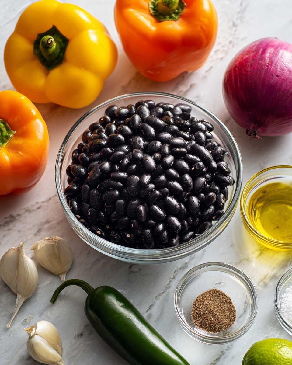 A clear glass bowl filled with shiny black beans sits in the center on a white marbled surface, surrounded by fresh vegetables and small glass bowls. To the left, there are three whole bell peppers in yellow, orange, and red with smooth, bright skins. Below the yellow pepper, there are two garlic cloves and a dark green jalapeño pepper with a glossy skin. To the right of the glass bowl of beans, there is a purple onion with a papery skin, a whole green lime with a textured skin, and three small glass bowls holding brown spice powder, coarse white salt, and golden olive oil. The image is bright and colorful, with a clean and fresh look. photo taken with an iphone --ar 4:5 --v 7