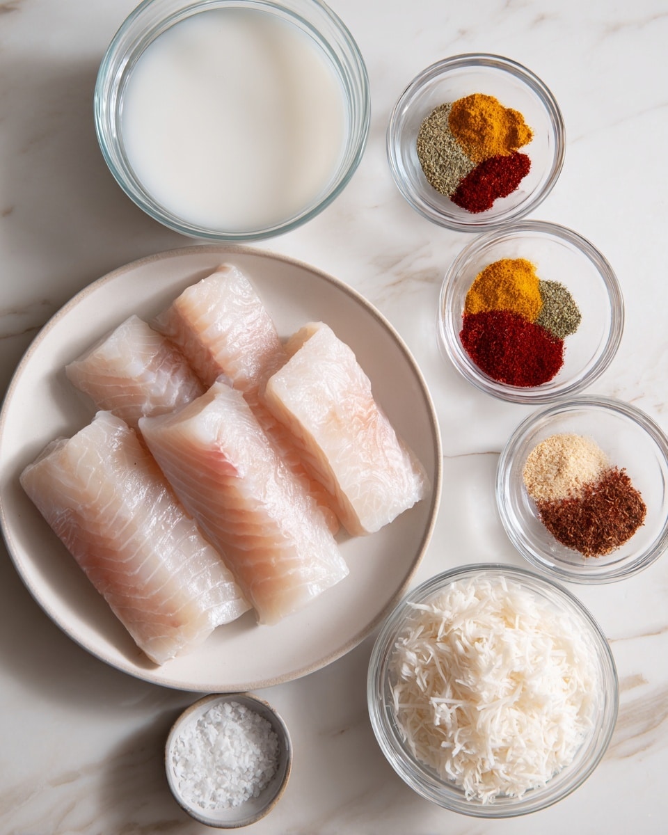 The image shows five raw fish fillets with a smooth, pale pink color, arranged in a white shallow bowl at the bottom left. Above the bowl, there is a clear glass bowl filled with a white liquid, likely coconut milk. To the right of the fish, a small clear glass bowl contains six different spices in separate piles, including red, yellow, brown, and green powders. Below the spices, another clear glass bowl is filled with a white, coarse ingredient, likely shredded coconut. At the bottom left, a small glass bowl contains some salt. All items are placed on a white marbled surface. Photo taken with an iphone --ar 4:5 --v 7
