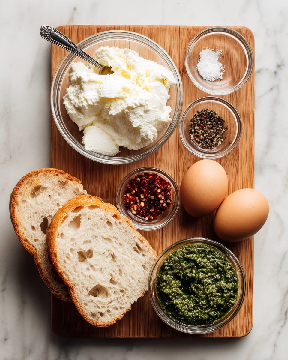 A wooden board holds the ingredients placed neatly on a white marbled surface. At the top left is a clear glass bowl filled with white, creamy cheese, with a silver spoon resting inside. To the right, there are two smaller clear glass bowls, the top one containing black pepper, salt, and red chili flakes, and below it a bowl filled with a textured green pesto sauce. Below these bowls, two brown eggs sit side by side. At the bottom left, a thick slice of light-colored bread with an airy, soft inside and crusty edge leans against the board. The photo taken with an iphone --ar 4:5 --v 7