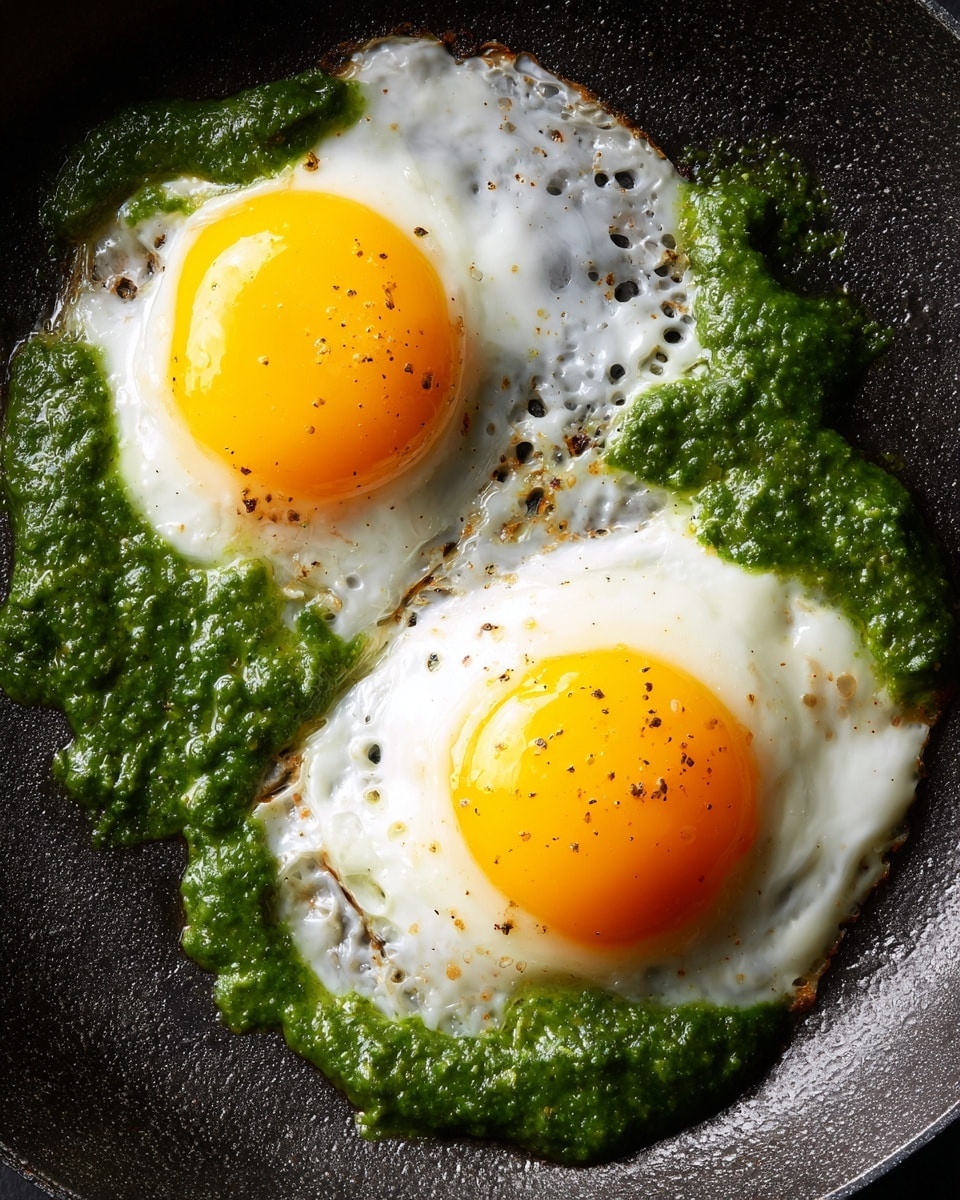 Two eggs frying in a dark pan with a layer of green sauce spread unevenly around the eggs. The sauce has a thick, slightly chunky texture that covers most of the pan surface under the eggs. The eggs are sunny-side up with bright yellow yolks standing out against the white and green background, with parts of the egg whites cooked and slightly translucent near the edges. Photo taken with an iphone --ar 4:5 --v 7