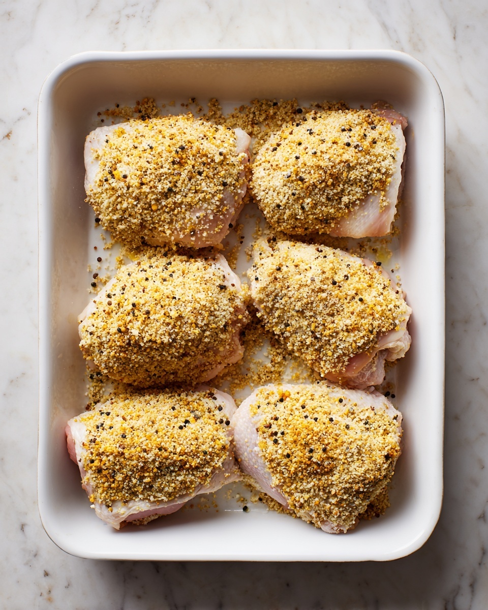 A white rectangular baking dish holds five pieces of raw chicken thighs, each covered with a thick layer of crushed yellow and brown crumbs mixed with black pepper flakes. The chicken pieces are arranged evenly, showing some pink skin beneath the crumb coating. The baking dish is set on a white marbled surface. photo taken with an iphone --ar 4:5 --v 7