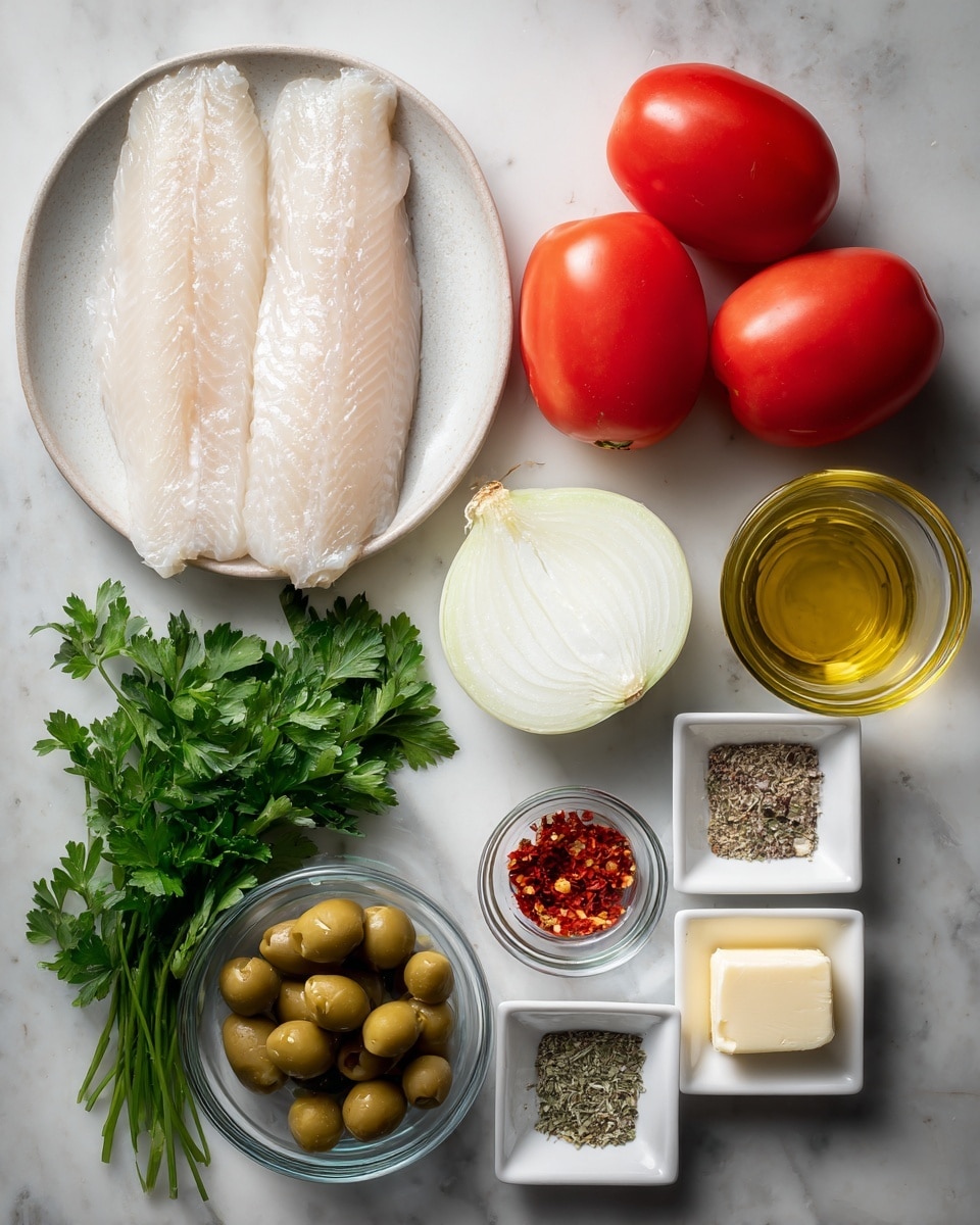 The image shows ingredients arranged on a white marbled surface, with a bowl holding two pale, smooth fish fillets at the top left. Below the bowl are two bright red Roma tomatoes side by side and next to them is half of a white onion showing its layers. At the bottom left are two small clear glass bowls, one filled with fresh green parsley leaves and the other with green olives. To the right, there is a small white square dish divided into four sections containing white salt, black pepper, red chili flakes, and dried herbs. Above it is a clear glass measuring cup filled with light golden cooking oil, and next to it a small clear bowl with a pale block of butter. The colors and textures are fresh and natural, with clear separation between each ingredient. photo taken with an iphone --ar 4:5 --v 7