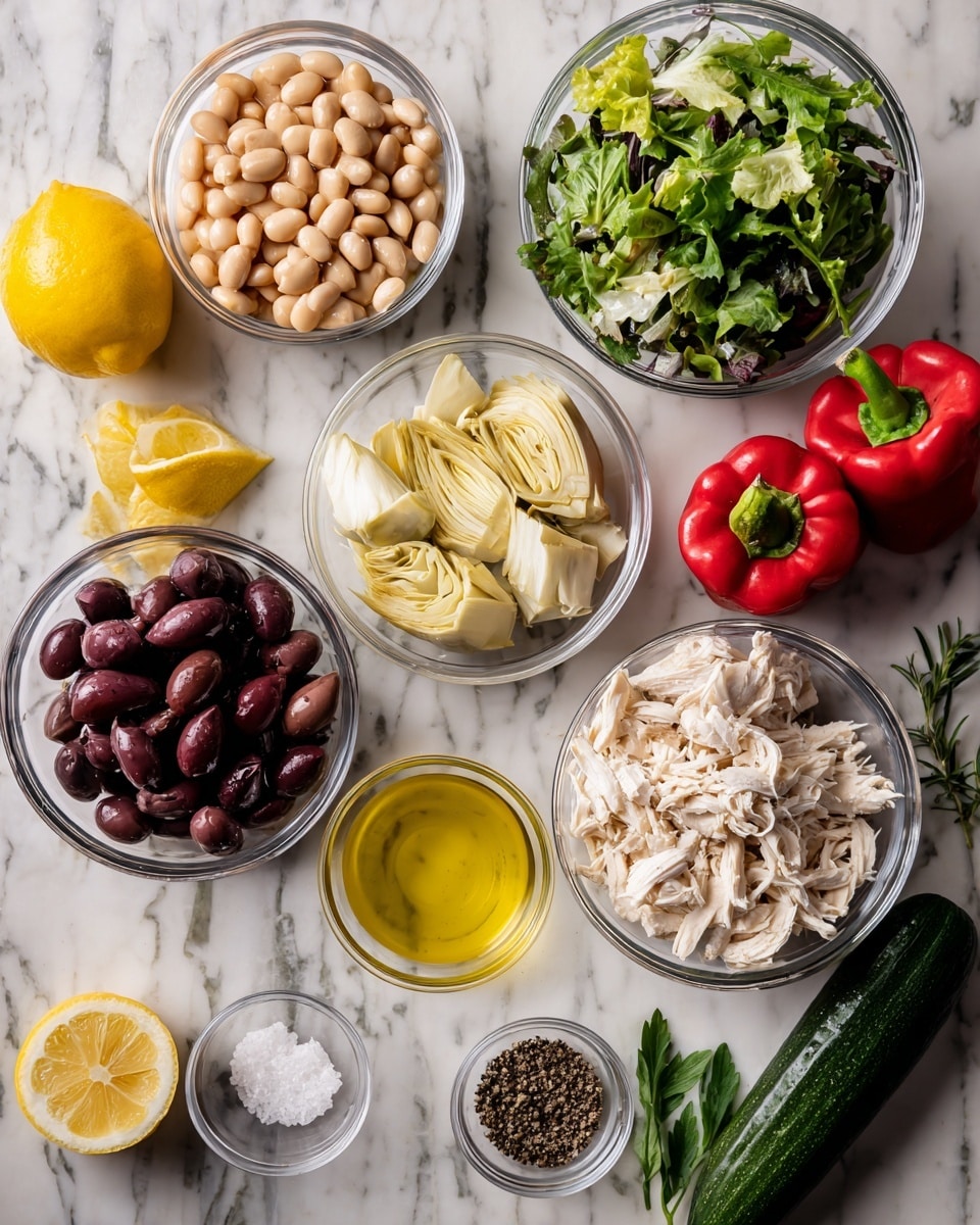 The image shows several clear glass bowls arranged on a white marbled surface, each filled with different ingredients. Starting from the top left, there is a large bowl of light brown cannellini beans, next to a large bowl of fresh mixed leafy greens in various shades of green. Below the beans, there is a medium bowl of dark purple Kalamata olives. To the right of the olives, another large bowl contains pale beige artichoke hearts. Below the olives, there is a medium bowl filled with shredded white chicken pieces. Next to the chicken, a small bowl holds a golden yellow liquid, likely olive oil. In front of the chicken and oil, a very small bowl contains black pepper and white salt. Additional items include two red bell peppers on the left, a halved lemon with bright yellow inside, a few sprigs of fresh green herbs, and a long dark green cucumber on the right. Photo taken with an iphone --ar 4:5 --v 7