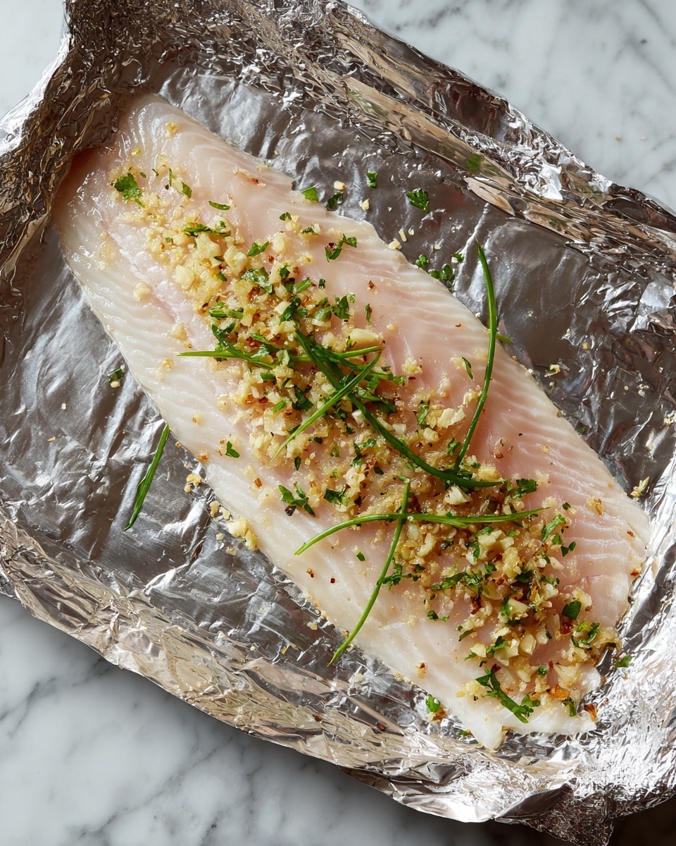 A raw fish fillet is laid flat on a sheet of shiny silver foil, with small green herb sprigs underneath it peeking out slightly. The fillet is pale pinkish-white in color with a moist texture. The surface of the fish is covered with a layer of finely chopped light yellow and light brown ingredients, including small bits of garlic and shallot, all spread evenly. The whole scene rests on a white marbled texture background. photo taken with an iphone --ar 4:5 --v 7