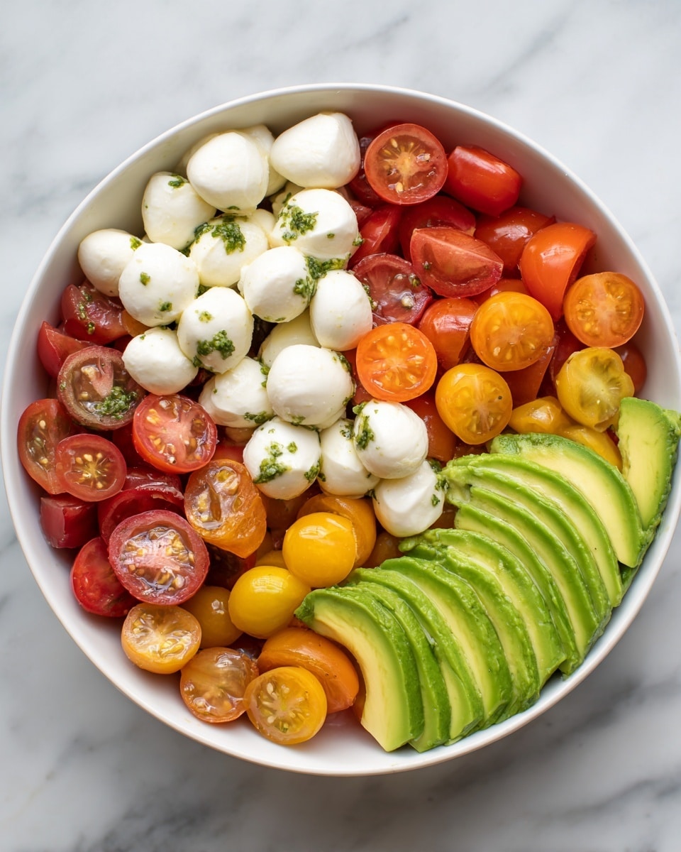 A white bowl filled with a vibrant salad on a white marbled texture. The salad has three main layers: the bottom layer is a mix of colorful cherry tomato halves in reds, yellows, and oranges. The second layer has pale green avocado slices placed around the bowl's edge, adding creamy texture. The top layer features white mozzarella balls scattered evenly, drizzled with a dark balsamic glaze and sprinkled with black pepper. A large red tomato slice adds a bold splash near the center, making the dish look fresh and colorful. Photo taken with an iphone --ar 4:5 --v 7