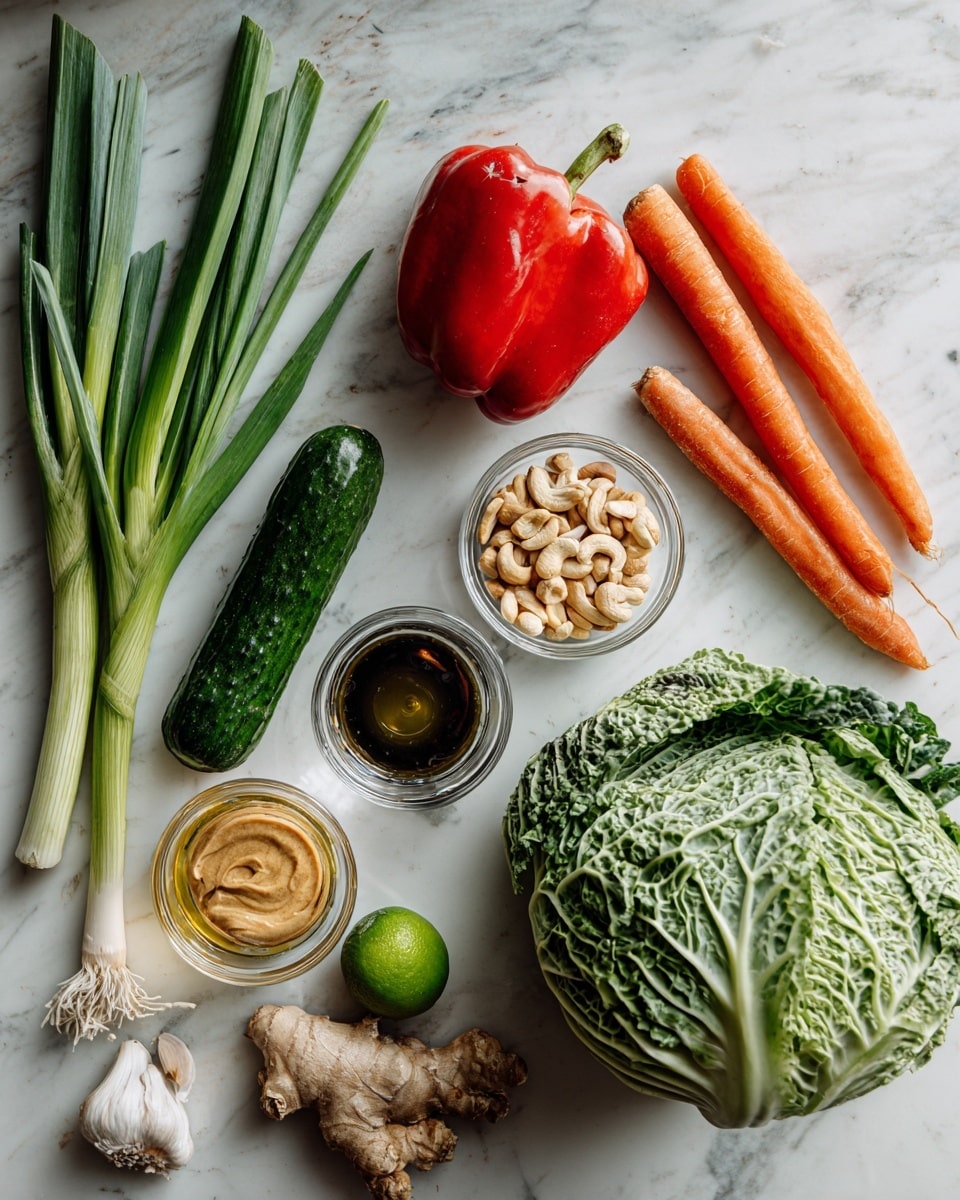 A selection of fresh ingredients spread out on a white marbled surface, including green spring onions on the left, a long dark green cucumber below them, and a red bell pepper placed near the middle top. Two orange carrots lie side by side at the upper right corner. Near the center, there are three small clear glass bowls, one with cashews, one with a dark soy-like liquid, and one with sliced almonds at the bottom. To the right of these bowls, there is a large textured savoy cabbage with bright green veins, and in front of it, a small piece of ginger and a small glass bowl holding a creamy, light brown paste. A small glass container with golden oil is near the carrots, and a lime is placed at the bottom left corner. A single clove of garlic is near the center among the ingredients. photo taken with an iphone --ar 4:5 --v 7