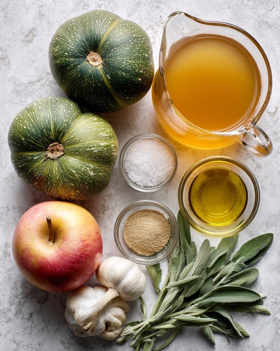 A collection of fresh ingredients is arranged on a white marbled surface, including two green squashes with smooth skins, an apple with red and yellow hues, a round yellow onion with papery skin, a whole garlic bulb showing its white cloves, a bunch of fresh green sage leaves, a small glass bowl of light brown ground spice, another small glass bowl filled with white salt, a small glass bowl with golden olive oil, and a large glass pitcher filled with amber-colored broth. photo taken with an iphone --ar 4:5 --v 7