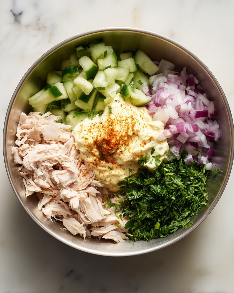 A silver metal bowl sits on a white marbled surface. Inside, there are several layers of ingredients arranged separately: at the bottom left, light pink shredded cooked chicken; at the top left, chopped green cucumbers; at the bottom right, finely chopped light purple shallots; near the last, bright green chopped herbs; and in the center, a dollop of creamy pale yellow mayonnaise with a sprinkle of reddish-orange paprika powder covering parts of the chicken and mayonnaise. The bowl shows a mix of textures from soft to crunchy within the ingredients. Photo taken with an iphone --ar 4:5 --v 7